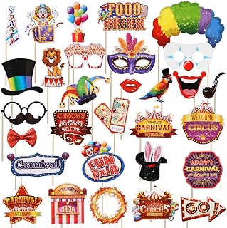 30Pcs Circus Photo Booth Props with Stickers, Funny Circus Theme Party Decorations Carnival Birthday Party Decorations Include Clown Hair Beard Glasses Accessories