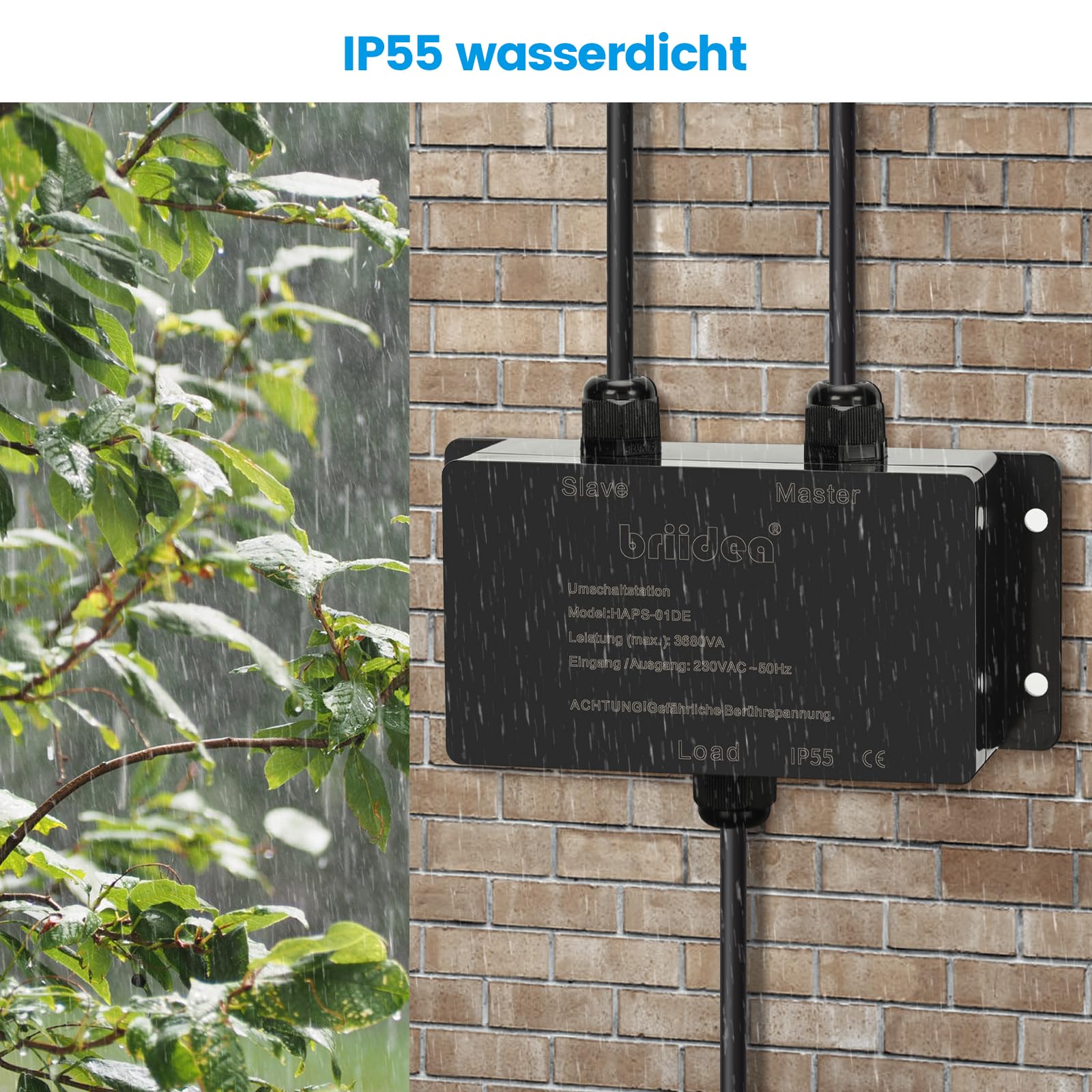 HAPS-01DE-B Umschaltstation für Netzvorrangschaltung, briidea Netzvorrangschaltung Wohnmobil 16A 230V, Umschaltstation 16A für Camping Landstrom Wechselrichter, KFZ, Boot, Outdoor, Solar, Schwarz