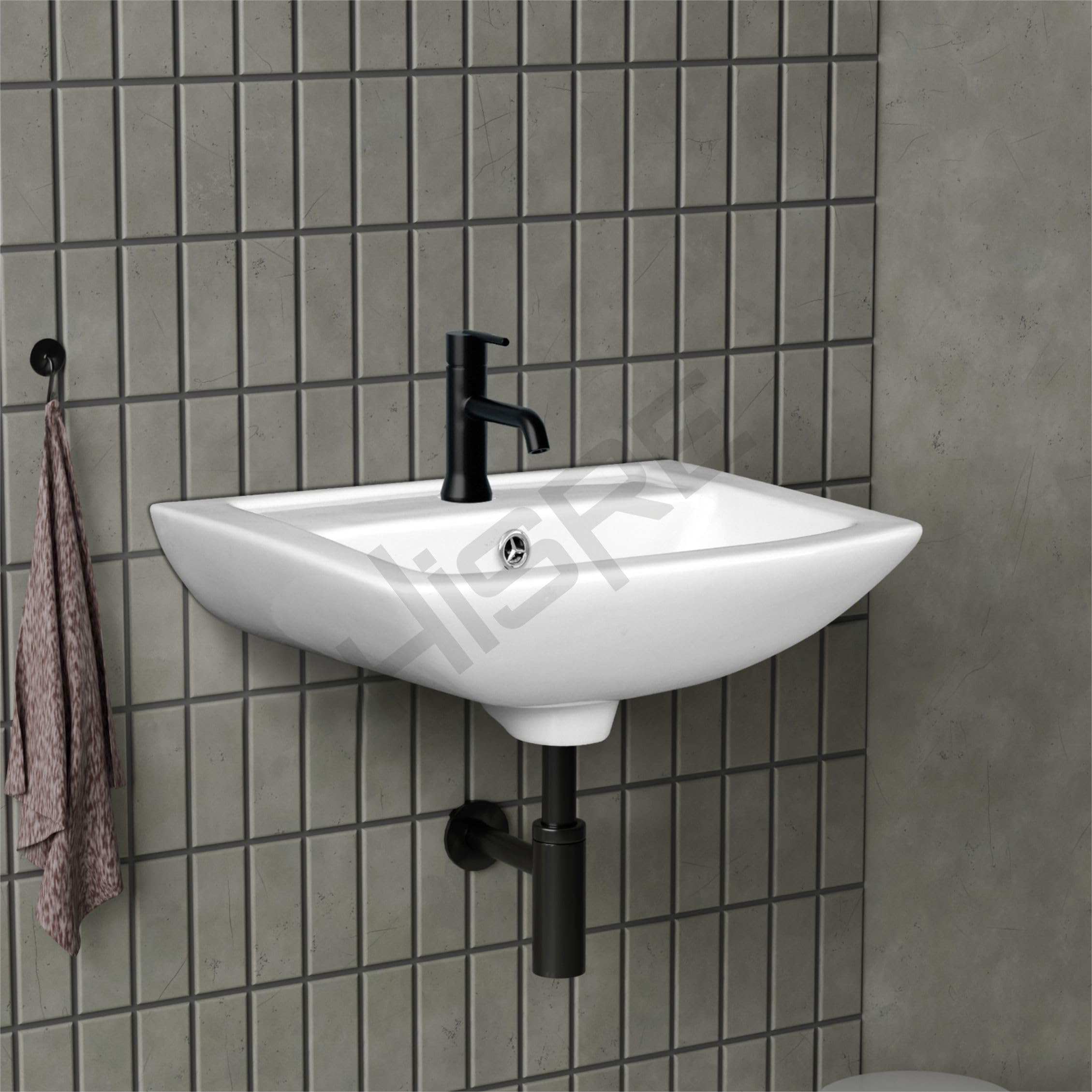 HISRE Wall Mount Wash Basin 18"x12"x6" | Glossy White Ceramic Sink | Modern Rectangular Bathroom Basin for Home, Office and Hotels, photo 4 of 5