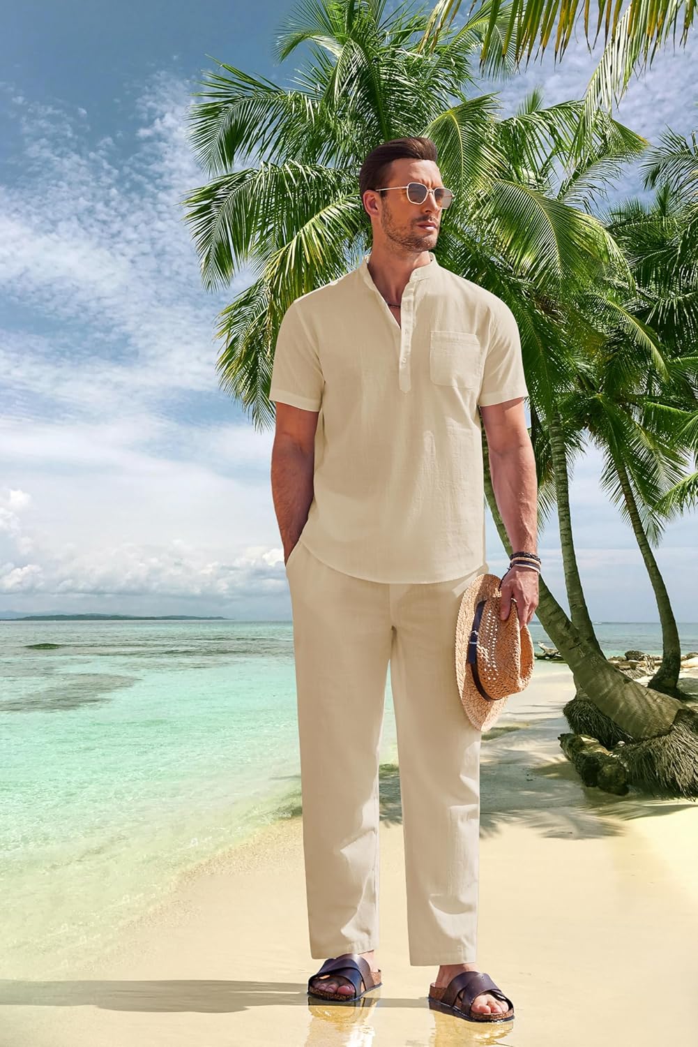 COOFANDY Men's 2 Pieces Cotton Linen Set Casual Short Sleeve Henley Shirts Beach Yoga Pants Summer Outfits - Image 3