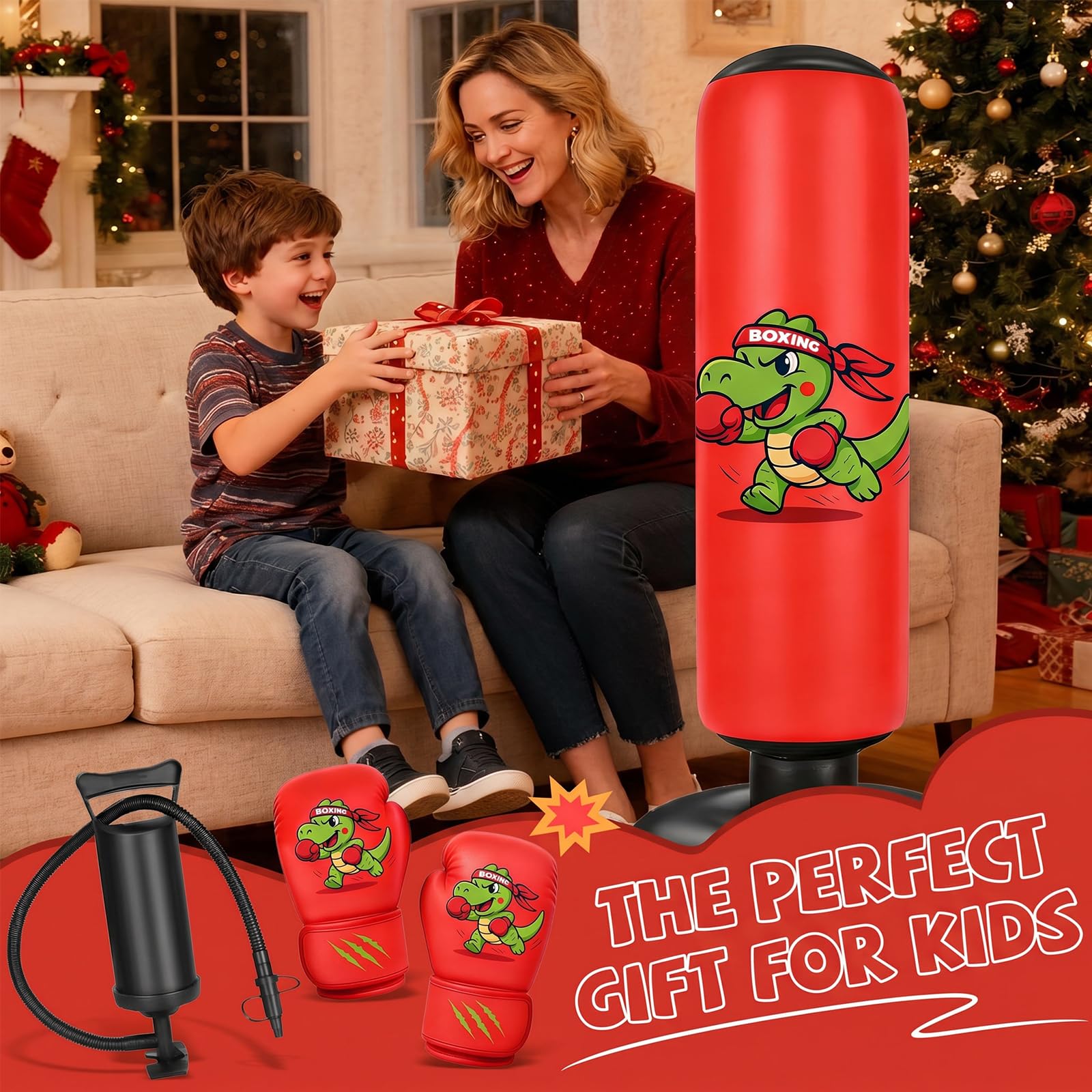 Ninonly 130cm Sacco da Boxe Bambini Motivo a Dinosauro Rosso | Pungiball Bambini con Guantoni e Pompa, Regalo per Bambini e Bambine Età 3+,per Karate e Taekwondo