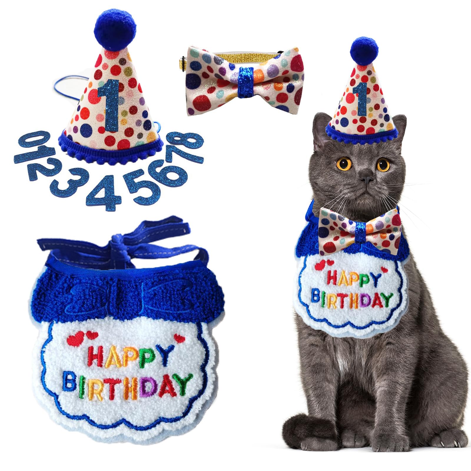 Lot de 4 chapeaux et bandanas pour chat - Tenue d'anniversaire réglable avec nœud papillon - Décorations de fête d'anniversaire pour animaux domestiques - Fournitures de décoration de fête