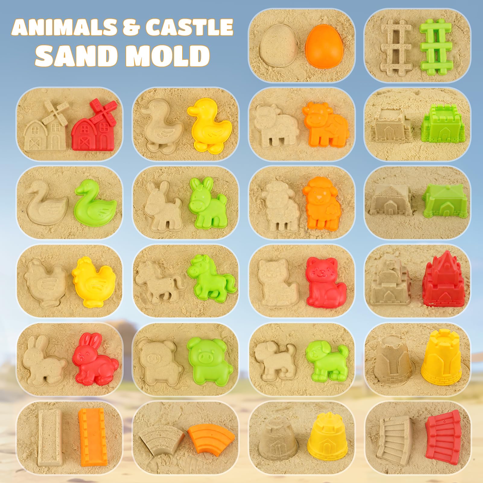 Jouets de Plage Enfants Thème Ferme 29PCS, Jouets de Sable avec 2 Seaux de Plage Pliables, Moules Animaux et Château, Seau Pelle Plage Enfant avec Outils et Sac, Jouet Bac à Sable Enfant 3 Ans+