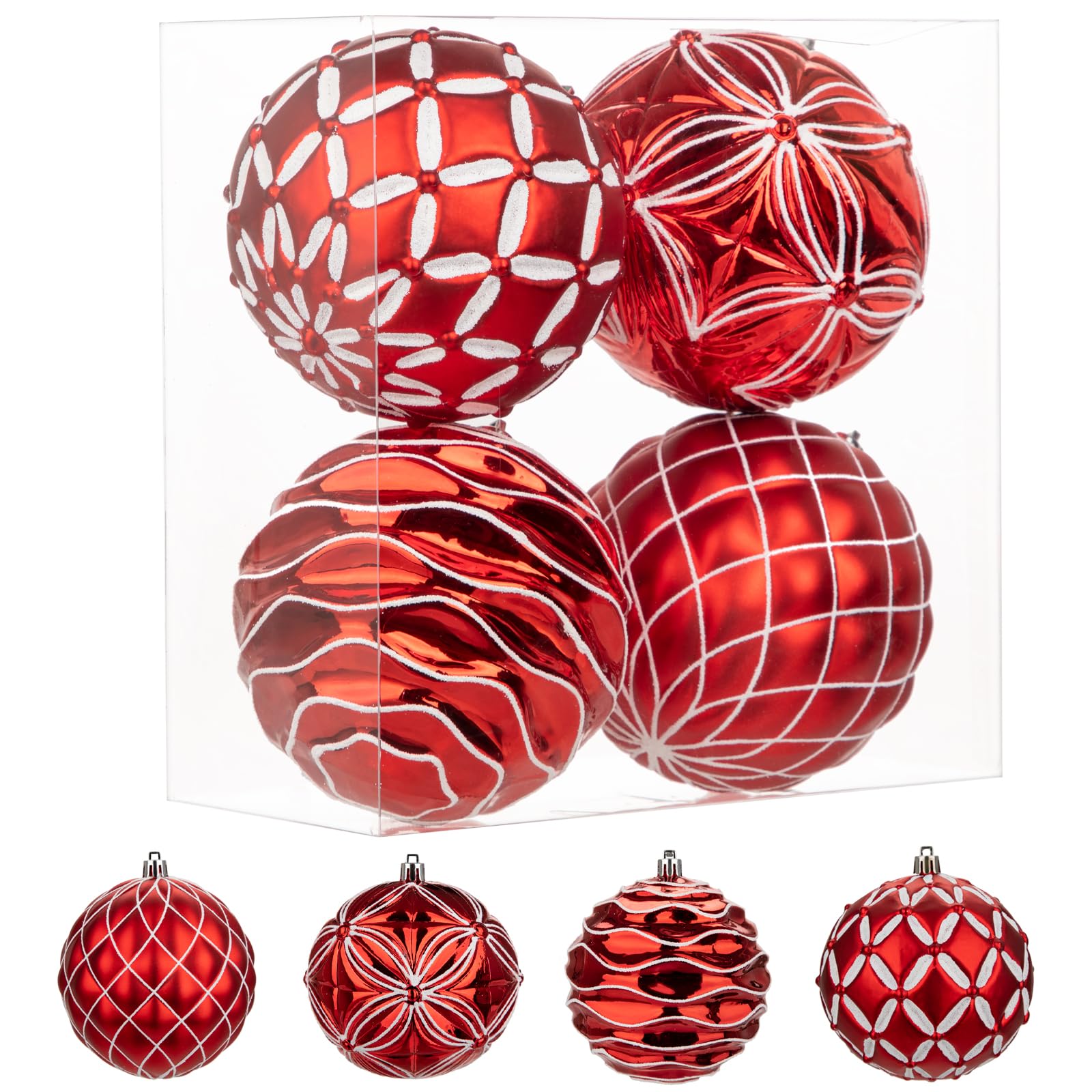 Oairse 4"/10cm Large Christmas Baubles Ornaments 4 Pcs Shatterproof Big Glitter Red and White Christmas Tree Ornaments for Holiday Halloween Wedding Party Xmas Tree Decorations