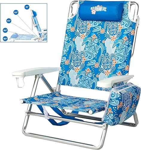 Old Bahama Bay Mochila plegable de 5 posiciones con bolsa de playa grande y toallero, silla reclinable ligera portátil de aluminio para exteriores,