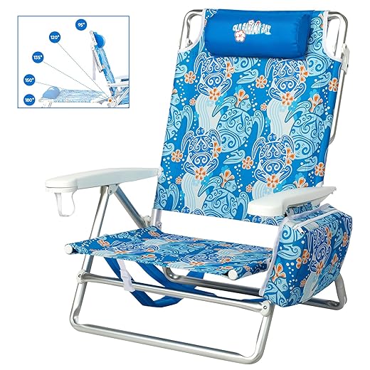 Old Bahama Bay Reclining Beach Chair Backpack 5-Position Lay Flat Lounge Chair for Adults Heavy Duty Portable Folding Lightweight with Cooler Bag Camping Chair for Sand Outdoor Blue