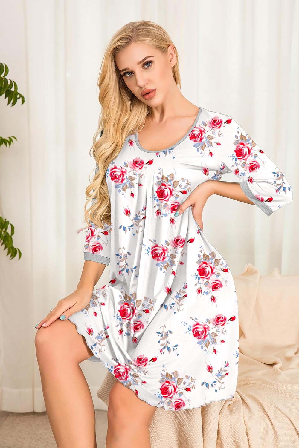 Ekouaer Women's Pleated Nightgown Soft Sleep Shirt 3/4 Sleeve Pajama Dress Scoopneck Sleep Tee Nightshirt Sleepwear S-3XL - Image 3