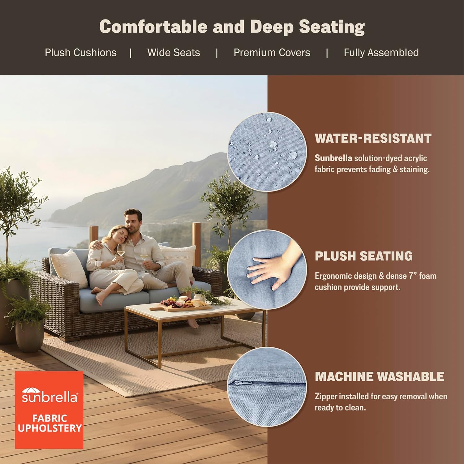 Mazatzal Outdoor Loveseat, Wicker Patio Furniture, Rattan Outdoor Couch with Deep Seat, High Back, Rust-Resistant Steel Frame, Weather-Resistant Cushions for Garden, Backyard, Porch