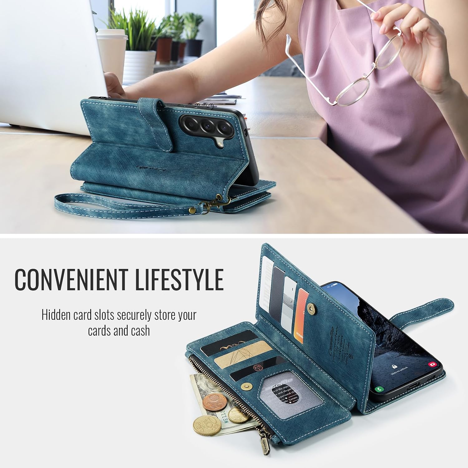 Compatible with Samsung Galaxy A57 5G Wallet Case with Card Holder Kickstand Magnetic Zipper Pocket Lanyard Strap Wristlet,Leather Flip Case Wallet for Galaxy A57 5G 6.6 Inch (Blue)