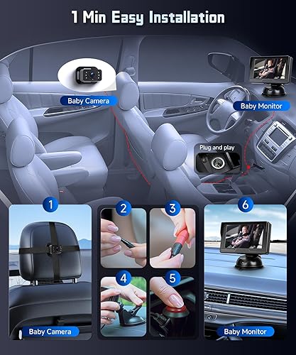 Miniatura 3 de Cámara de coche de bebé para asiento trasero HD con visión nocturna, ángulo de visión ajustable, fácil instalación, cámara giratoria de 360,