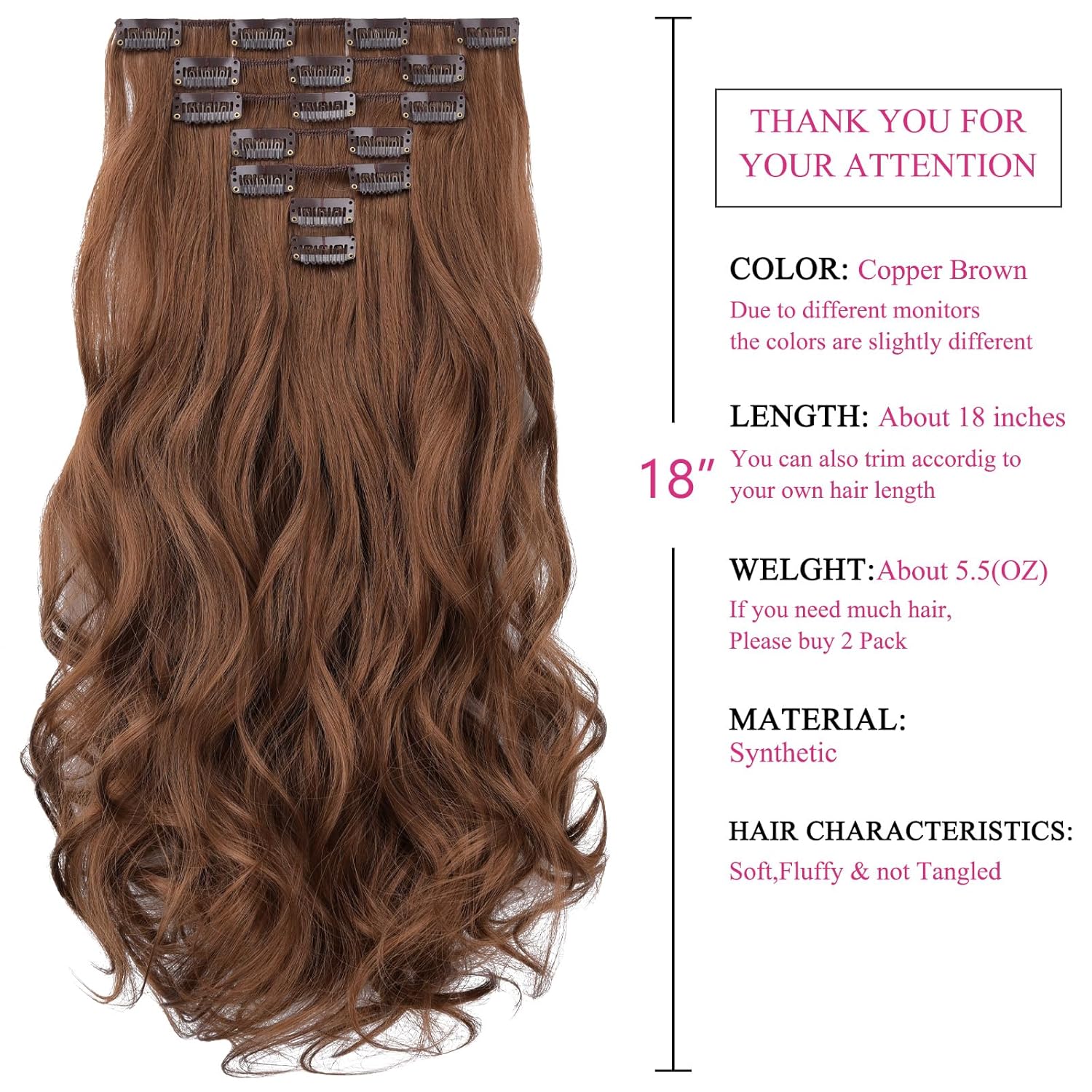 SYXLCYGG Brown Hair Extensions Synthetic Clip In Hair Extension 18" Wavy Fluffy and not Tangled Cheap Hair Piece for Women 7pcs-Wavy # Copper Brown