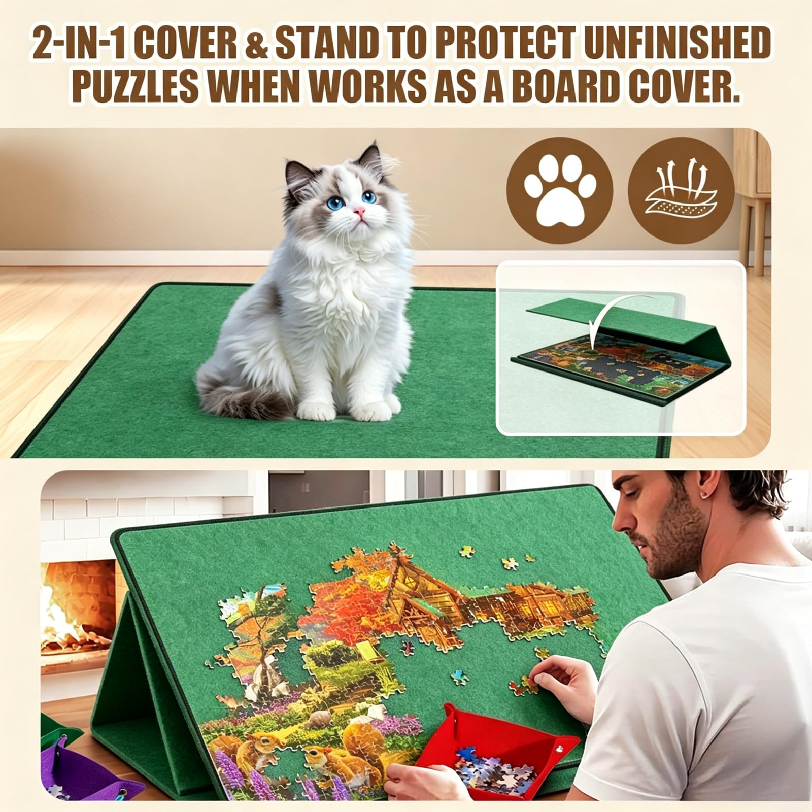Tavola per puzzle da 1000 pezzi, con design 2 in 1 con supporto e copertura, tavolo portatile con 6 scomparti colorati, accessori per puzzle con antiscivolo, vassoio in feltro, verde