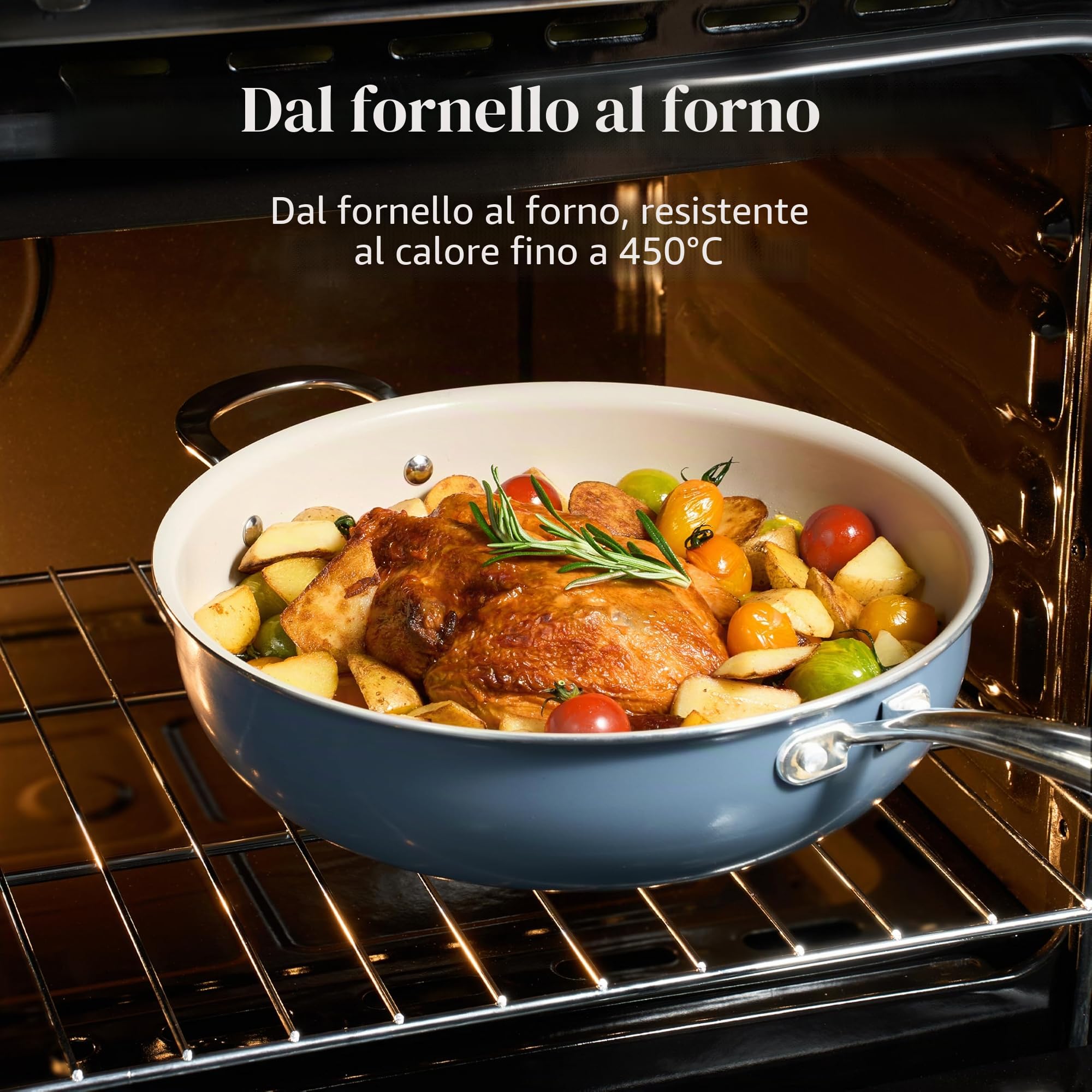 Redchef Padella da 28 cm, con coperchio, rivestimento antiaderente, in ceramica, a induzione con manico in acciaio inox, senza PTFE, senza PFAS, adatta al forno, lavabile in lavastoviglie, colore: blu