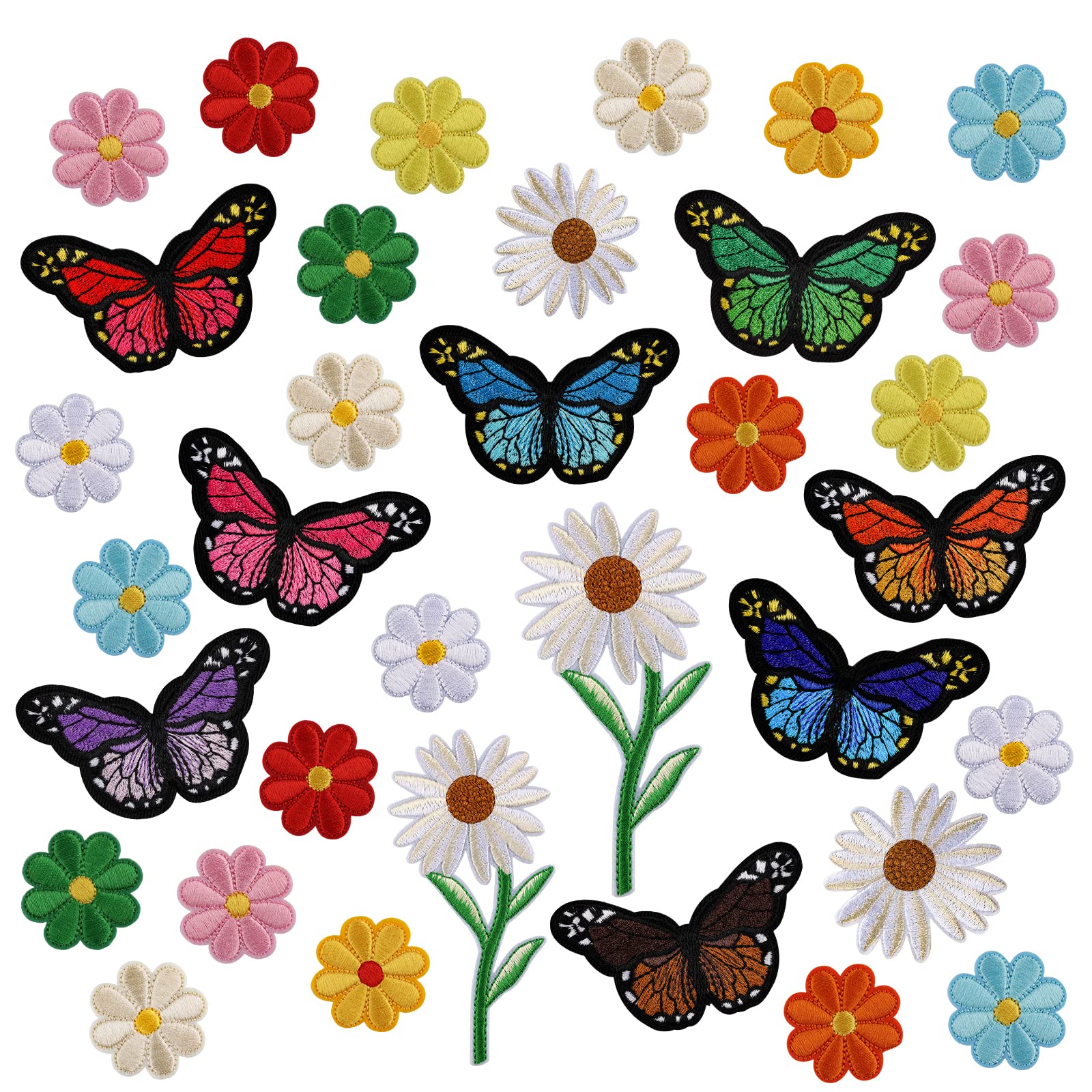 SAVITA 39pcs Embroidered Flowers Iron on Patches, Cute Butterfly Daisy Sunflower Appliques Patch Decoration Sewing Patches for Clothes Bags Sweater Jackets Dress Hat Pants DIY