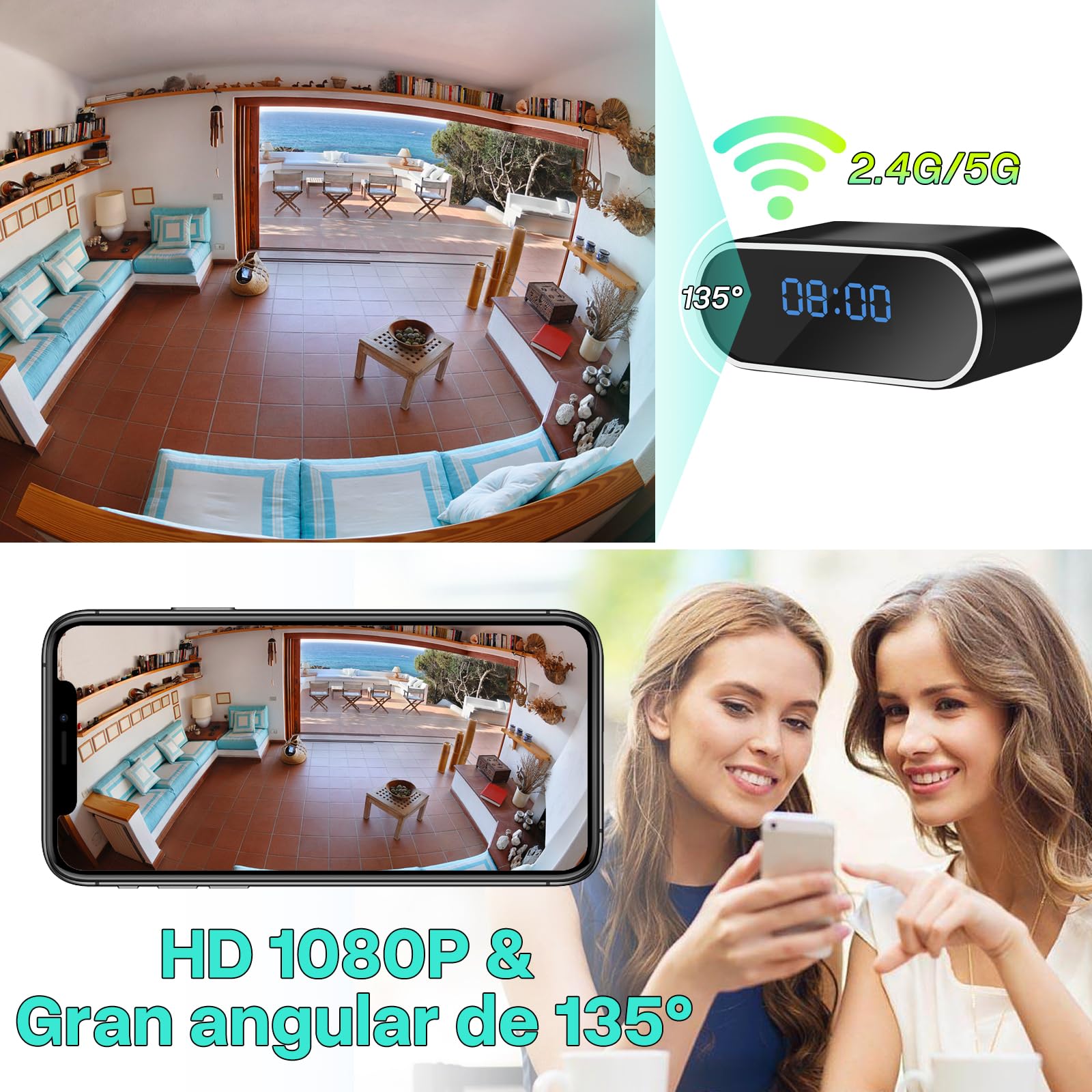 Cámara Espía Mini 2.4G/5G, Cámara Espia Oculta Camuflada HD 1080P, Micro Camara Vigilancia WiFi Interior con Visión Nocturna, Movimiento Detección, 135° Gran Angular, Spy cam Ideal para Casa/Oficina