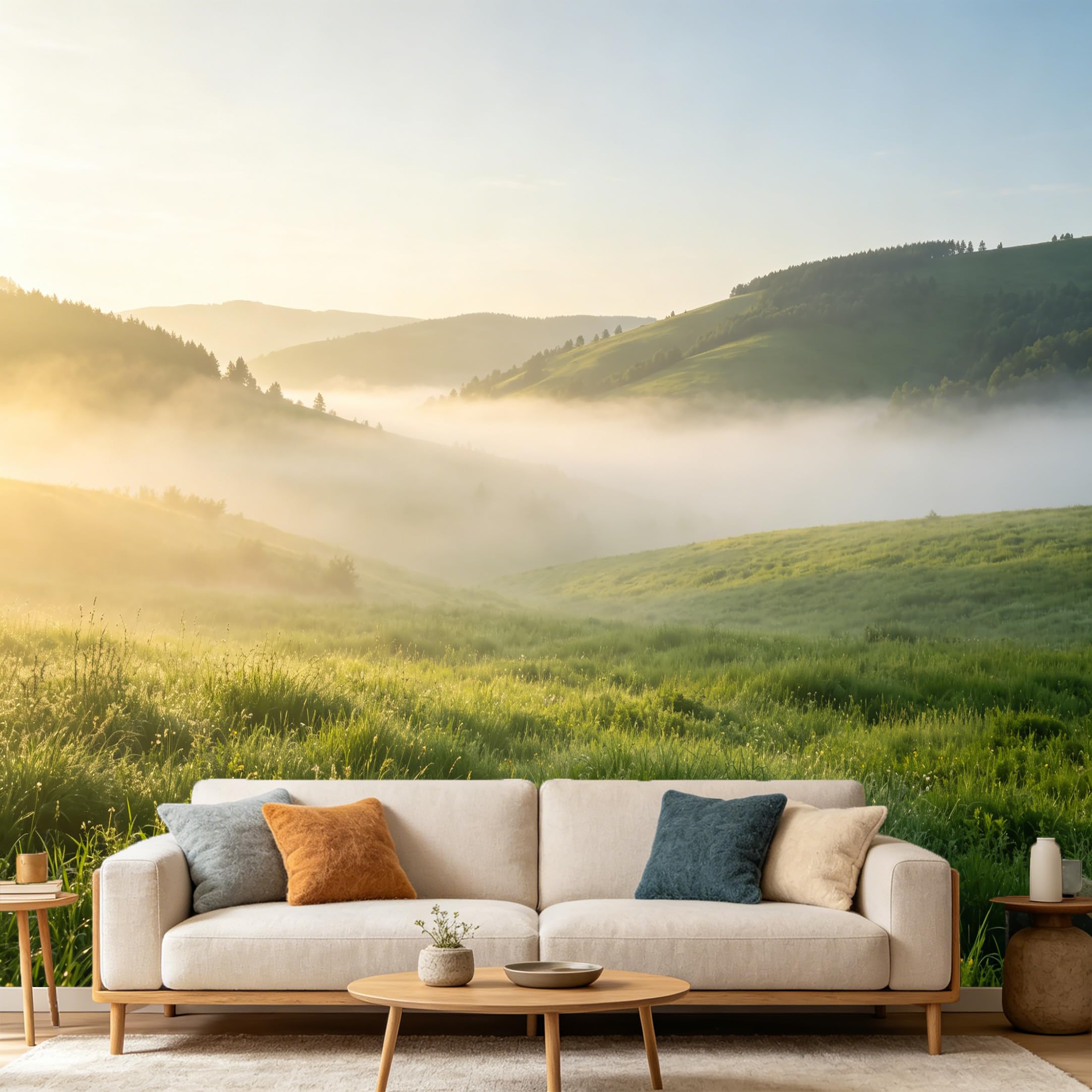 Custom Size Wall Mural Mountain Lake Landscape Sunrise Foggy Meadow Nature View SelfAdhesive Art Prints wall Fabric（No PVC） Removable Wallpaper Home Bedroom Decor