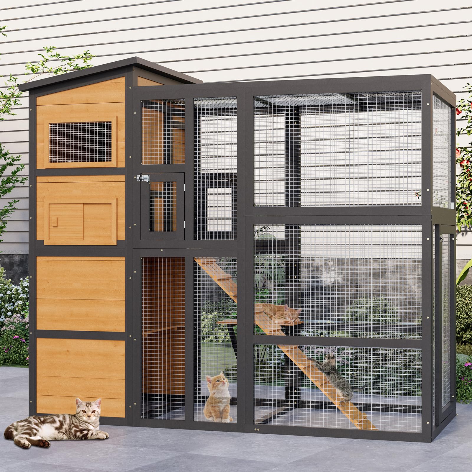 JFHID 4-Tier Cat Catio Enclosure with Weatherproof Roof, 3 Resting Rooms & Climbing Ramp, Large Outdoor Indoor Cat House Cage for Small Animals, Brown