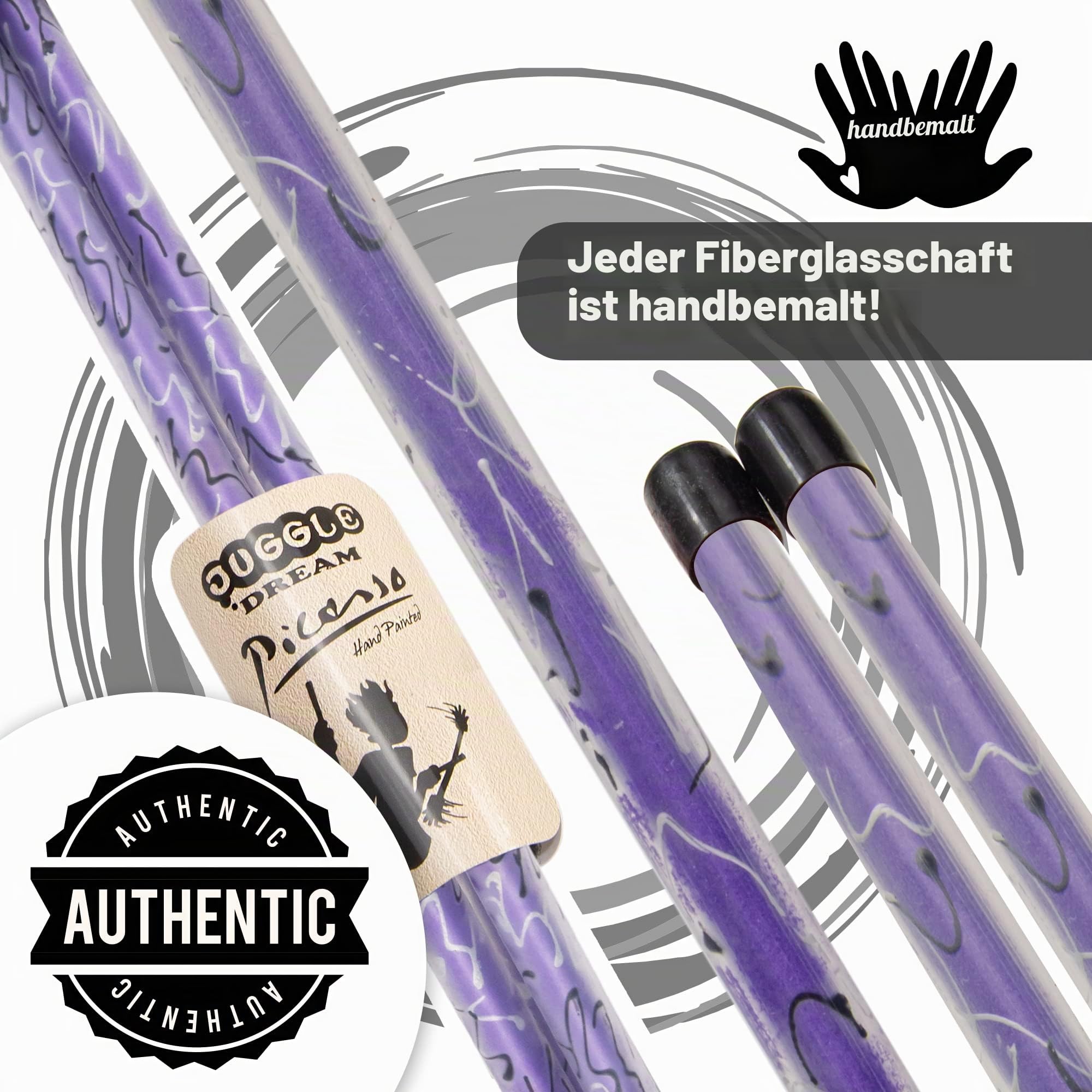 Juggle Dream Picasso Flowerstick Set inkl. Handstäbe Fiberglasstock Silicone Grip Wildlederfransen Lila Silber