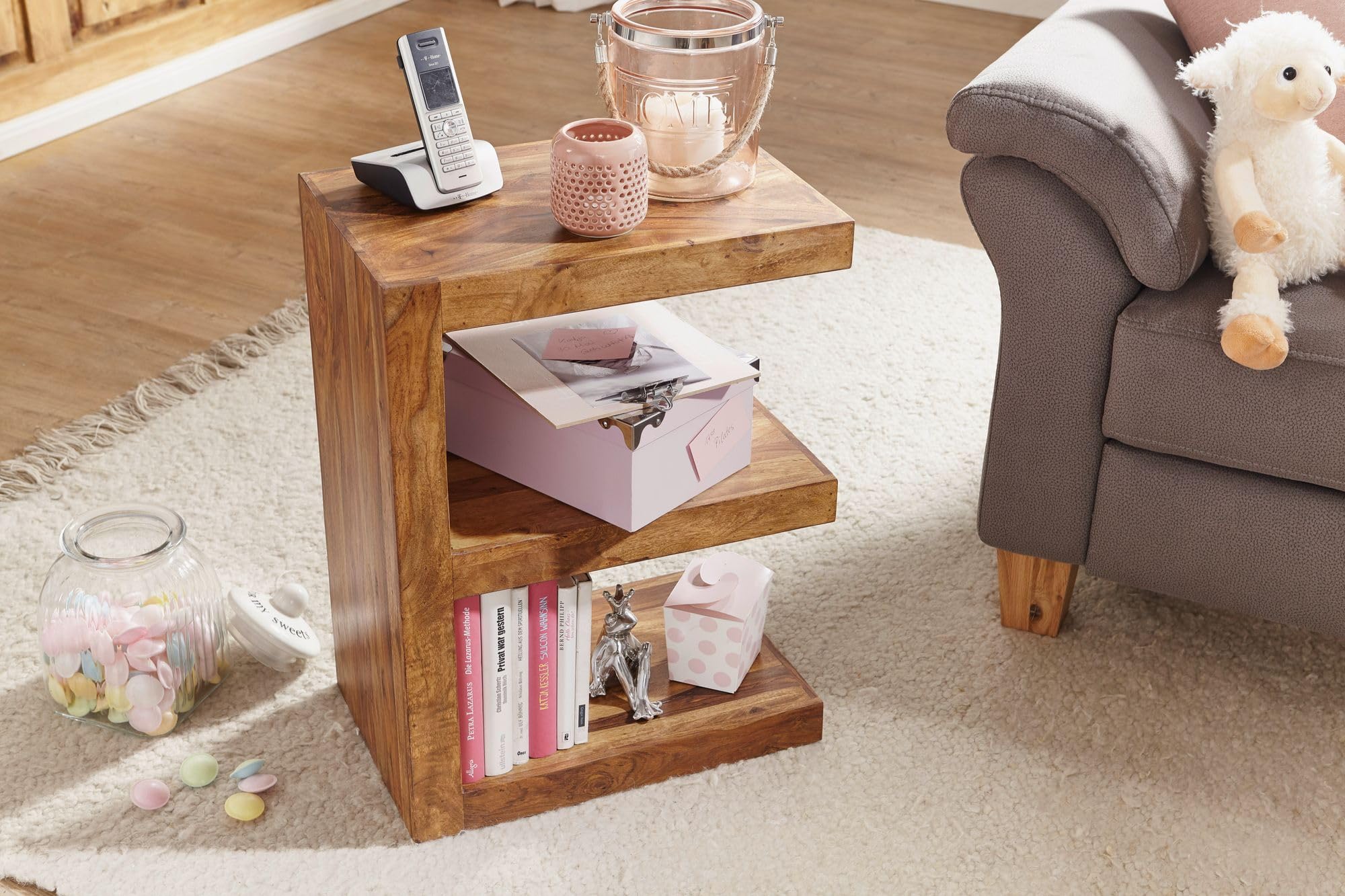 FineBuy Beistelltisch E Cube 45x30x60 cm Sheesham Massivholz Braun