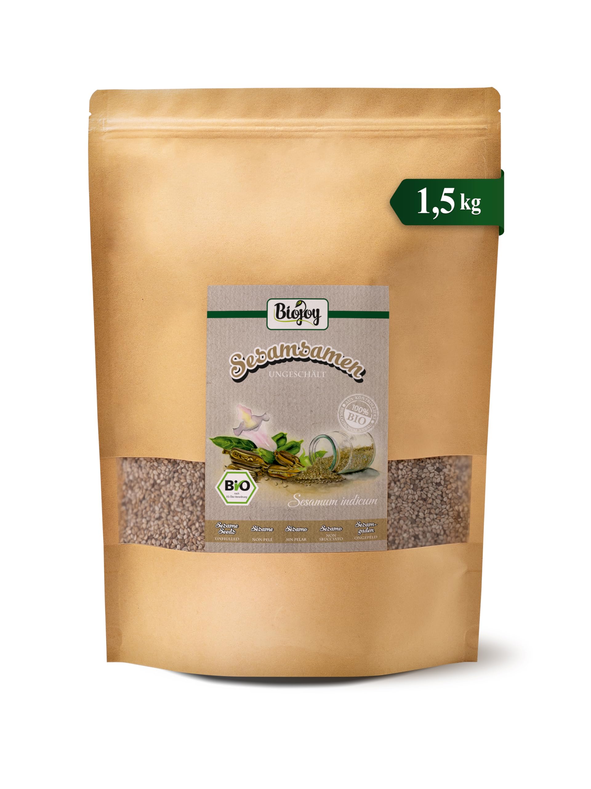 Biojoy Sésame BIO non pelé (1,5 kg), entier et cru, graines de sésame blanc, sans additifs