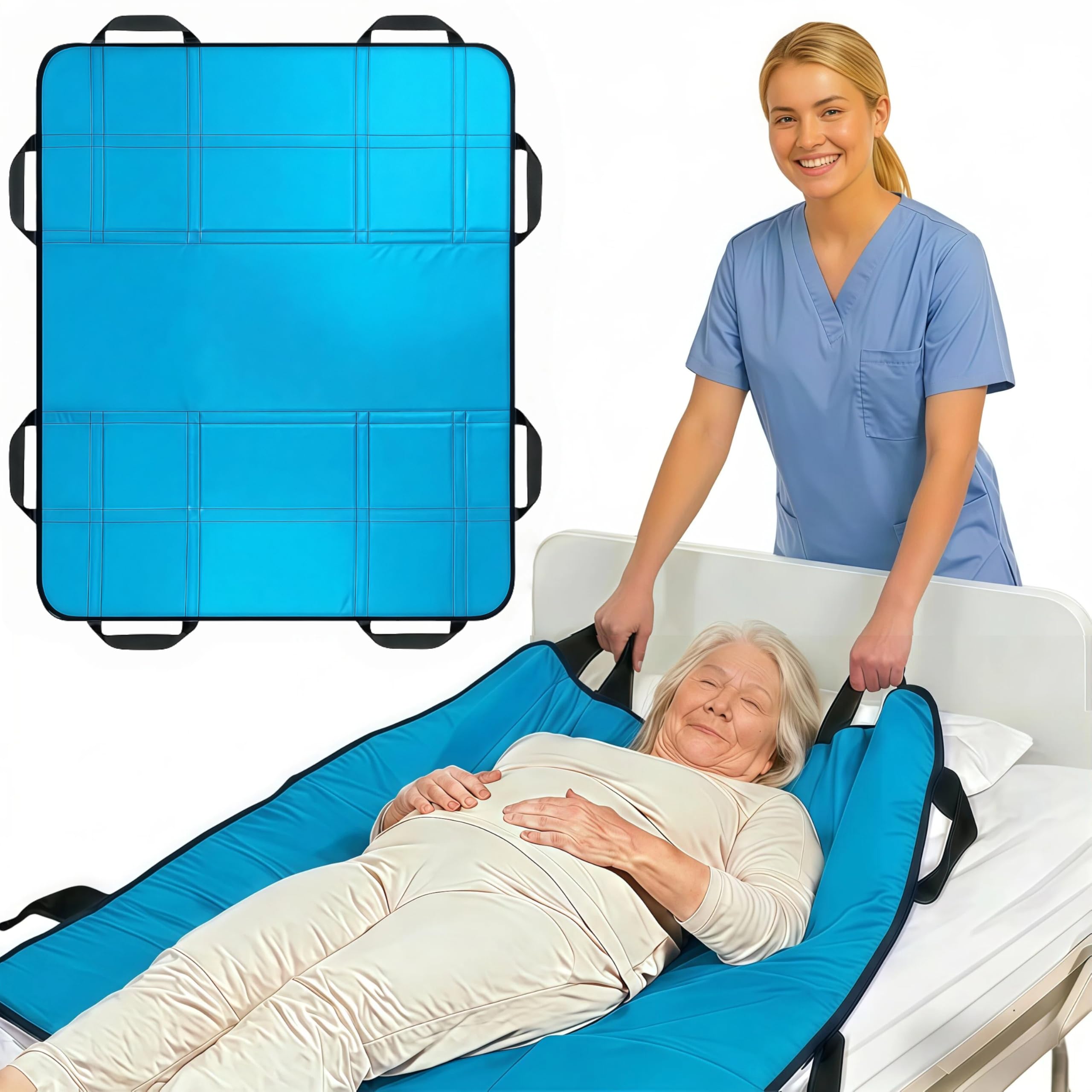 Upgraded 3-Layer Positioning Bed Pad with Handles, Transfer &amp; Slide Sheet for Elderly Care, Waterproof Washable Draw Sheet for Turning, Lifting &amp; Repositioning (48" x 40", Aqua)