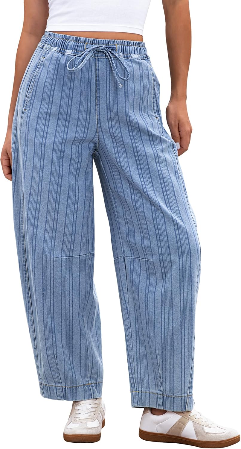 luvamia Barrel Jeans Women Trendy Striped Cropped High Waisted Pull On Elastic Waist Wide Leg Casual Stretch Denim Pants
