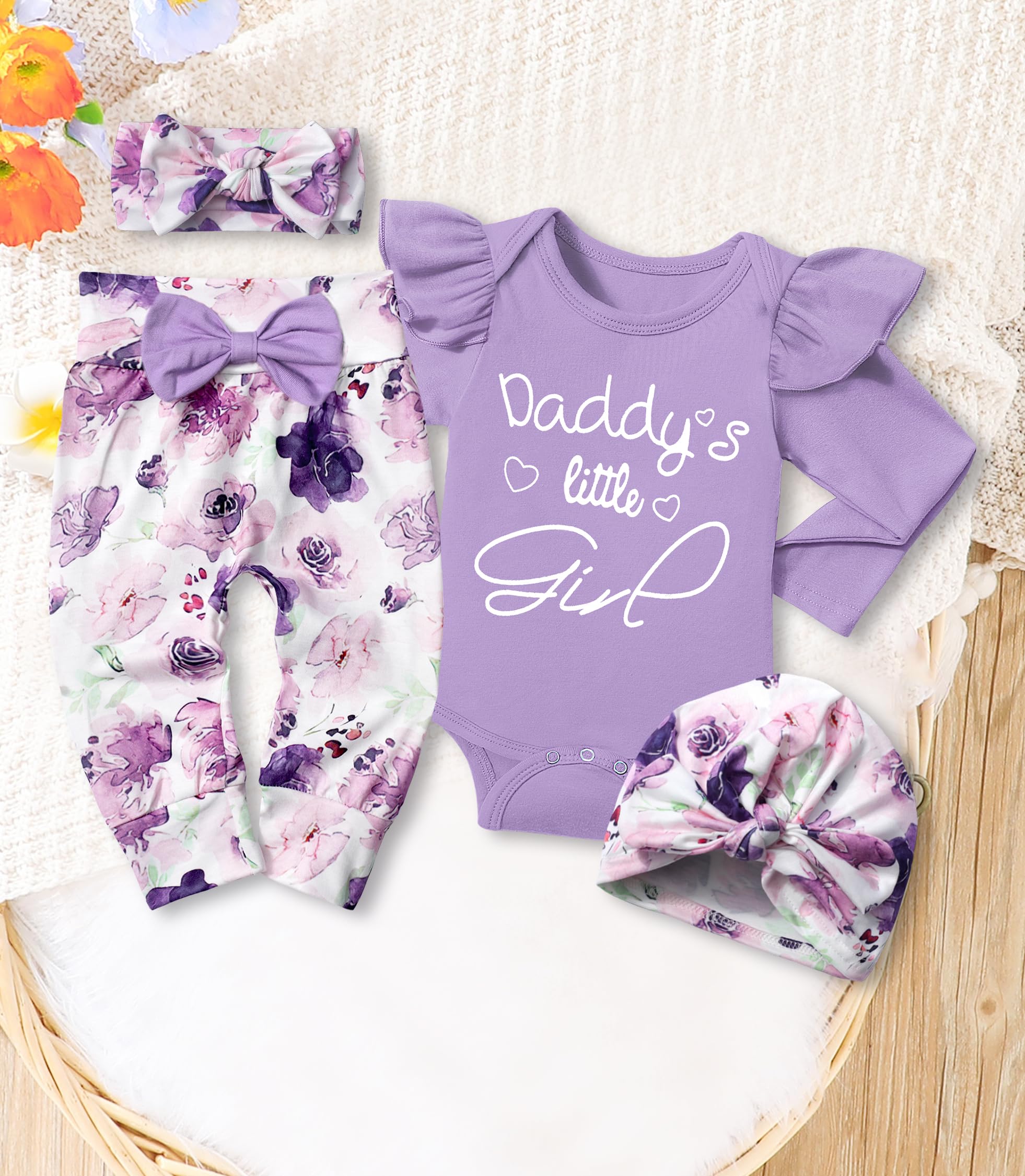 Conjunto de ropa para bebé recién nacido, camiseta de manga larga con volantes blancos, pantalones + diadema + gorro, 4 piezas, 0 – 6 meses
