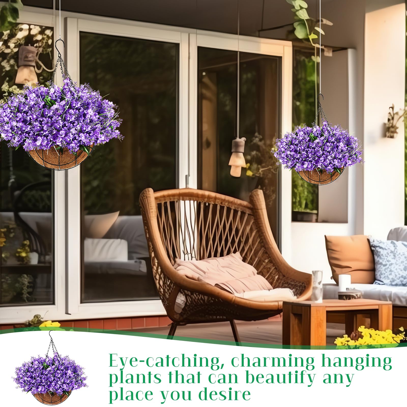 Lyrow Künstliche Hängeblumen im Korb für Frühling, Sommer, Veranda, Haus, Garten, Hof, Dekoration, künstliche Hyazinthen-Arrangement, künstliche Pflanzen in 30,5 cm Kokosnuss-Futter, Korb für Außen-