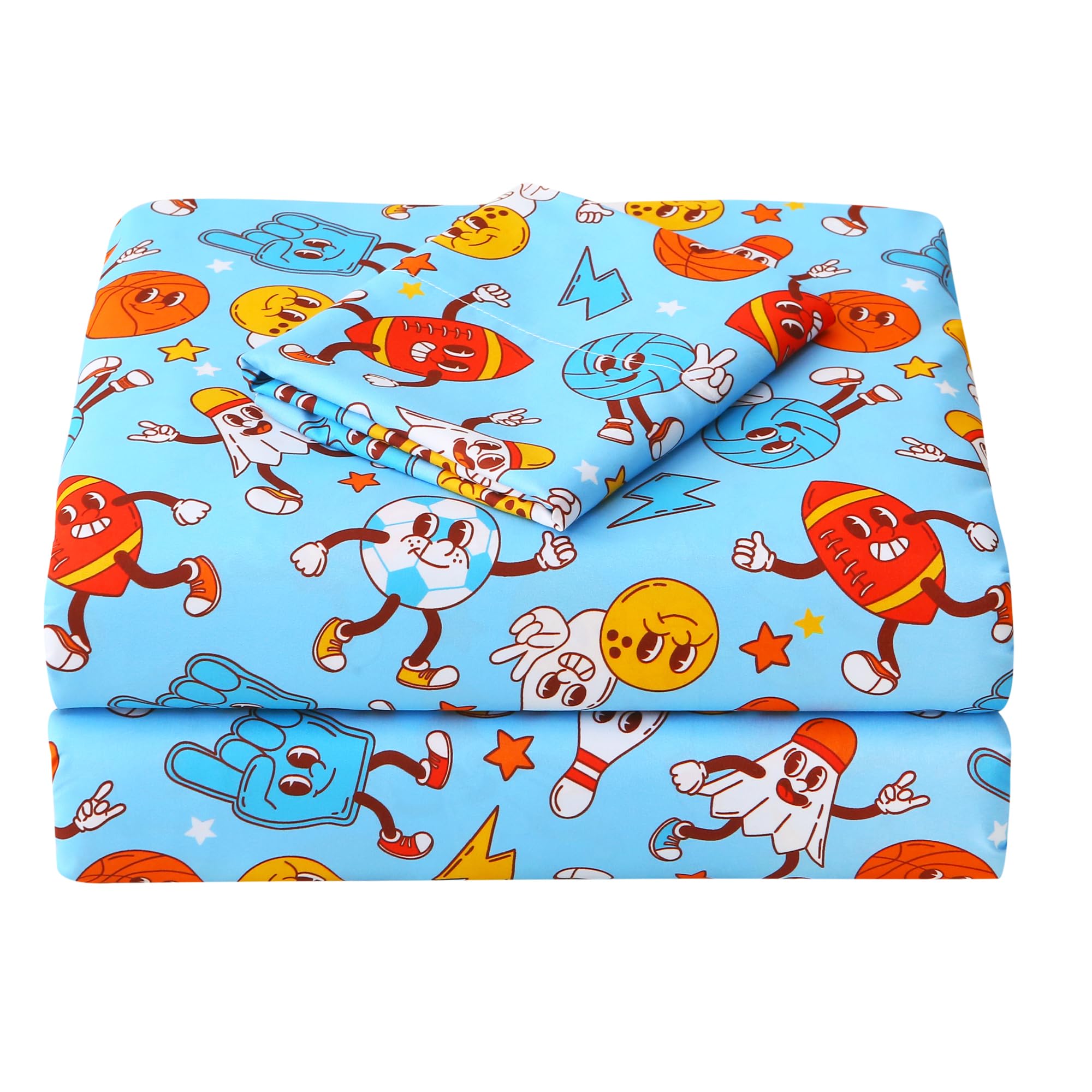 Viviland 3 Pieces Boys Ball Sport Twin Sheet Set - Soft Microfiber Fitted Flat Sheets &amp; Pillowcase Bed Sheet Set - Blue Ball Print Bedding Sets for Kids