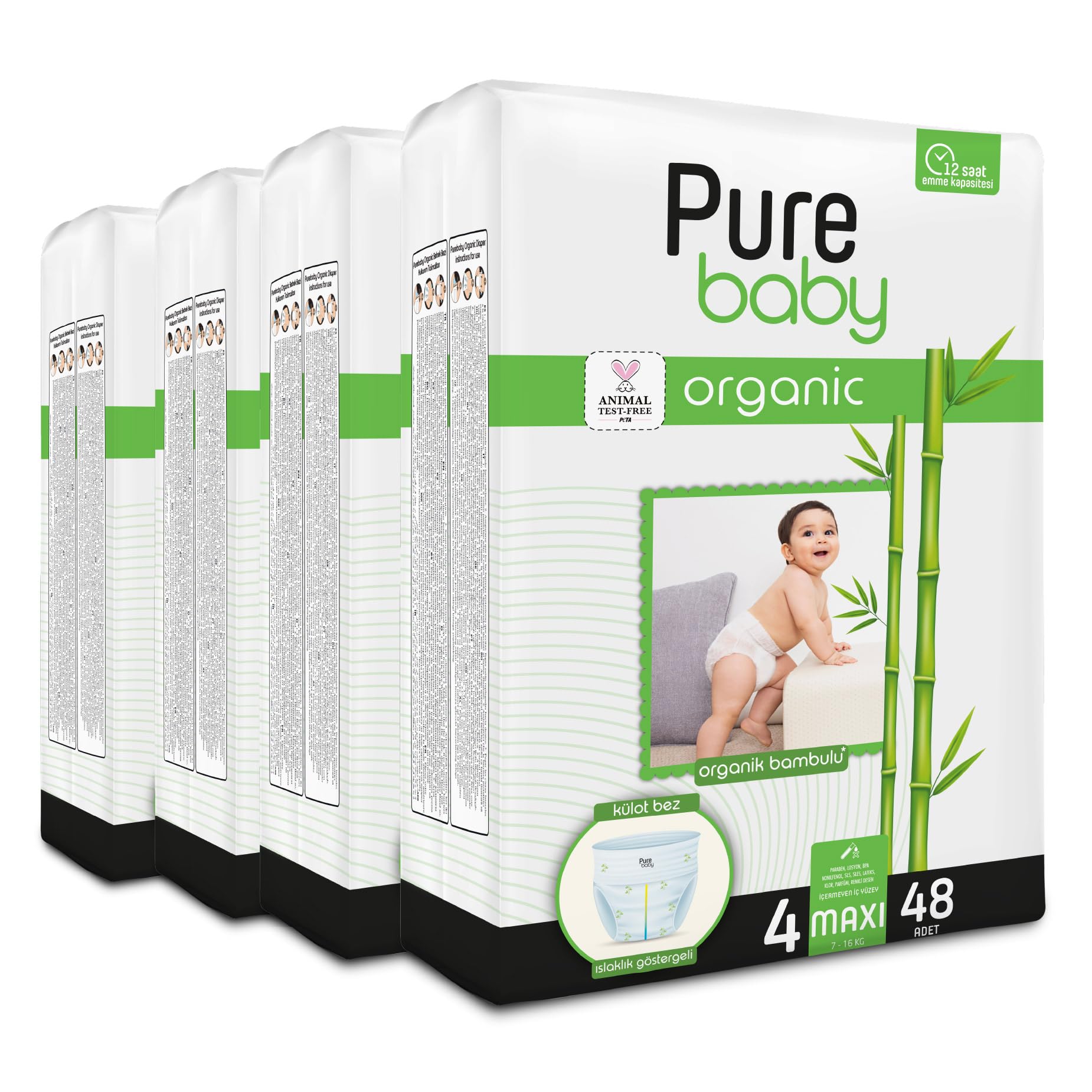 Pure Baby Organik Bambu Özlü Külot Bez 4'Lü Paket 4 Numara Maxi 192 Adet