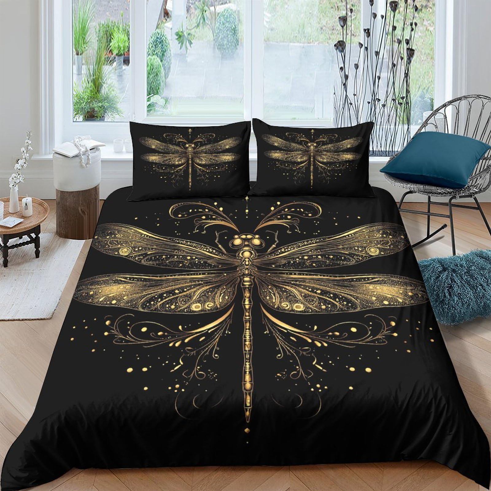 Ctjqhvkz Style-2 3D Printed Golden Dragonfly Black Fitted Sheet Microfiber Bed Cover Artistic Bedroom Dorm Mattress Protection Single（135X200cm）