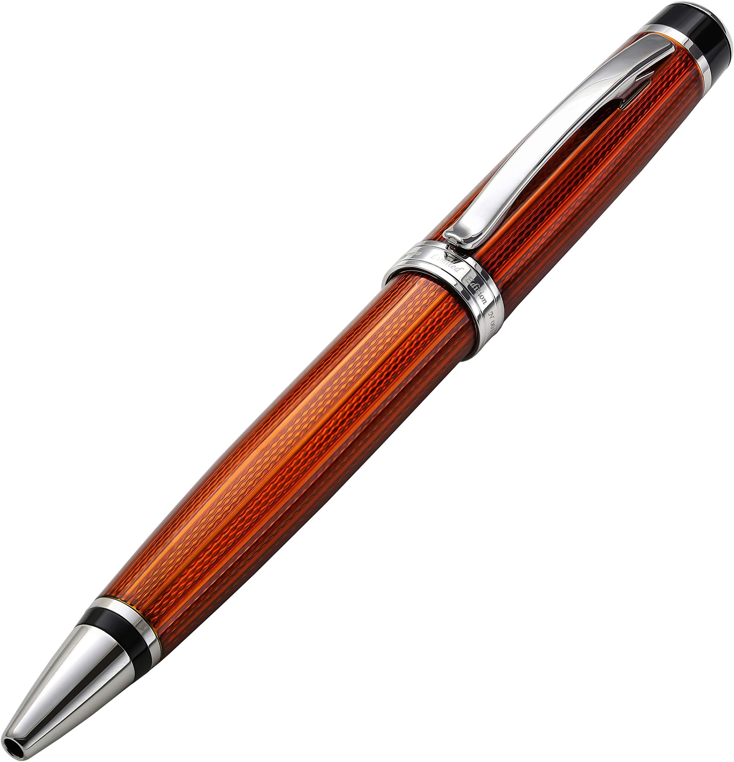 – Xezo Incognito Twist Action Ballpoint Pen, Medium Point. Sunstone Orange Layered Lacquer with Pure Platinum Plating. Handcrafted, Limited Edition, Serialized