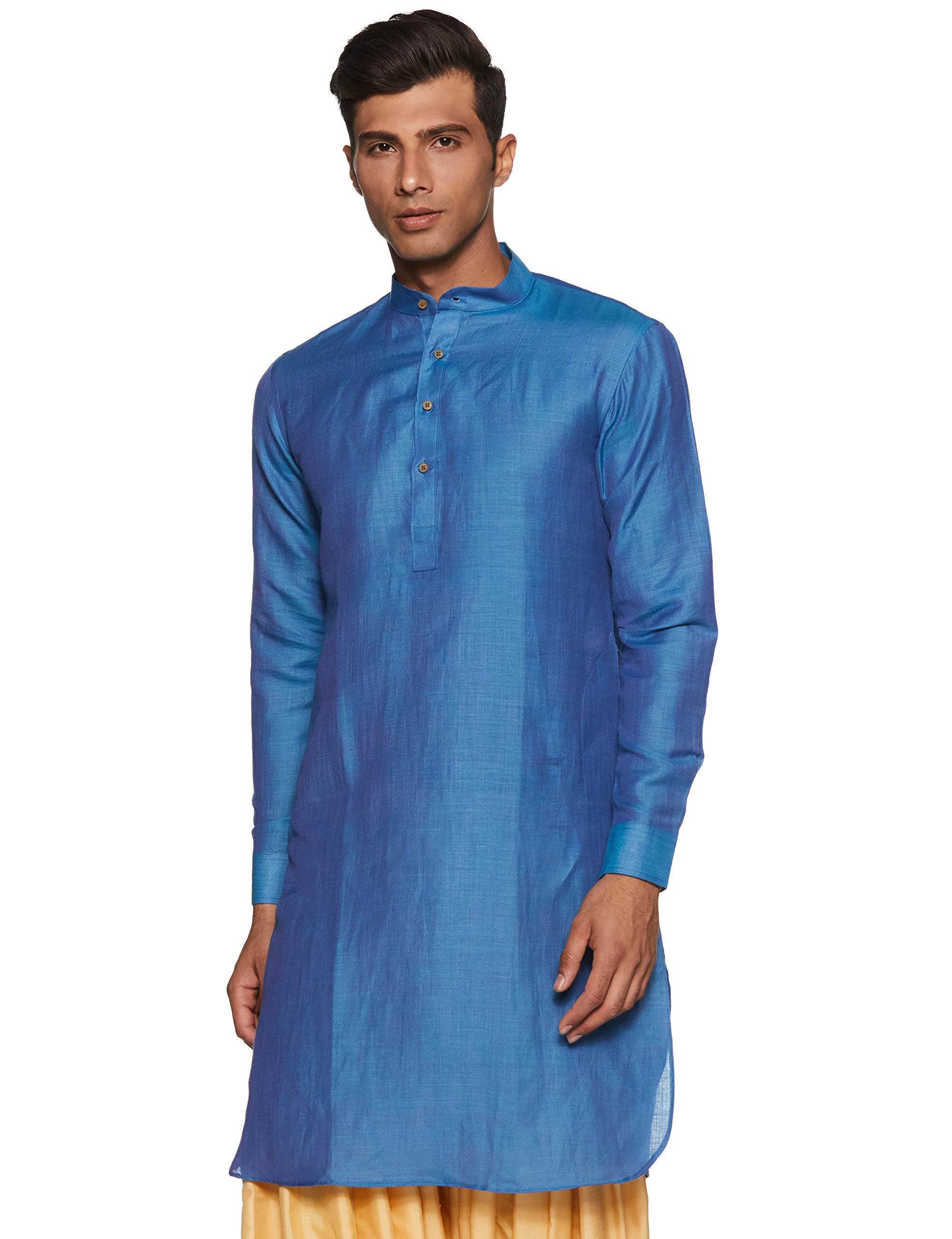 ManyavarMen's Regular Fit Banded Collar Casual Kurta - Blue - Medium