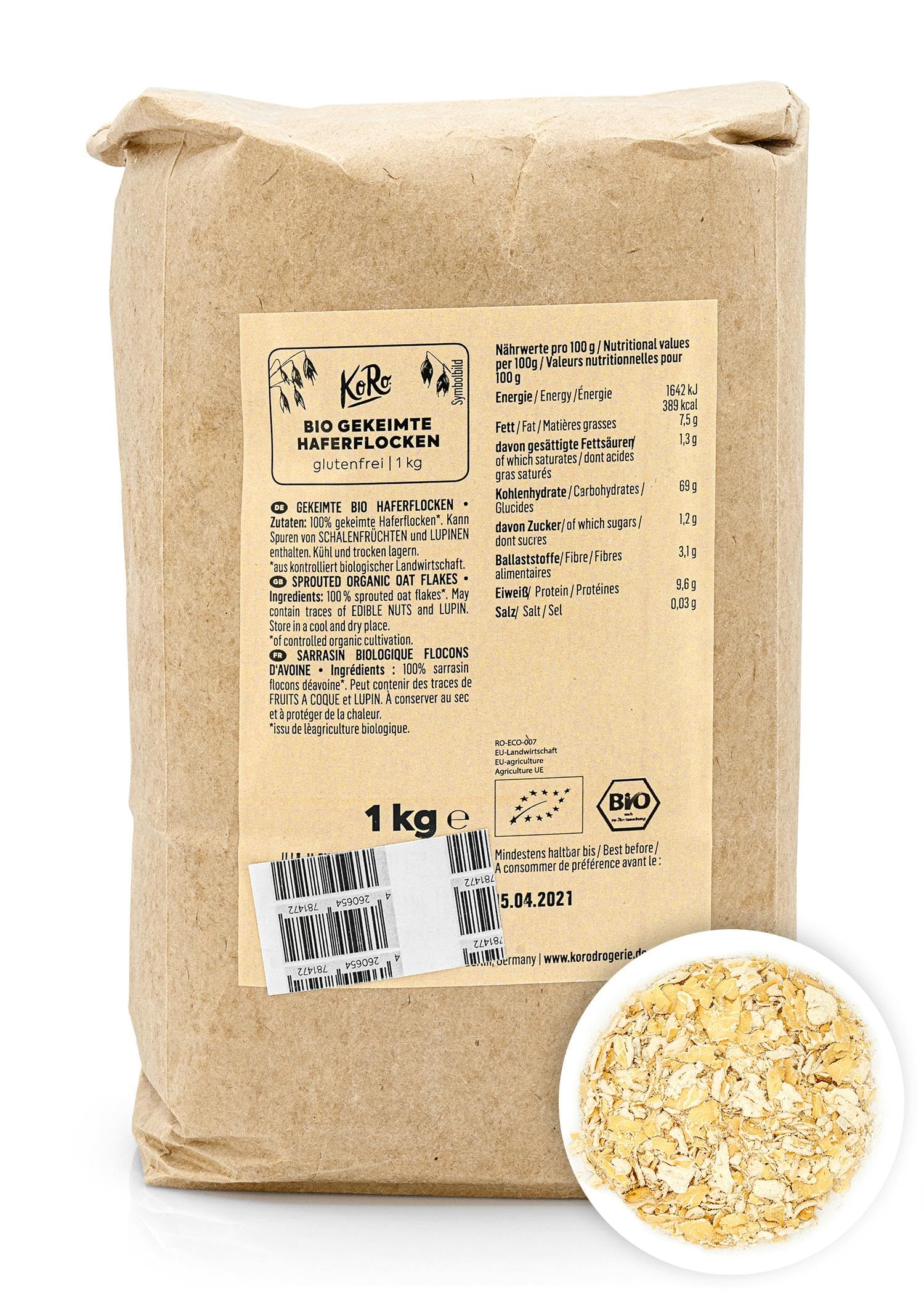 KoRo - Fiocchi d'avena germinati bio 1 kg - versatili - confezione convenienza - da agricoltura biologica