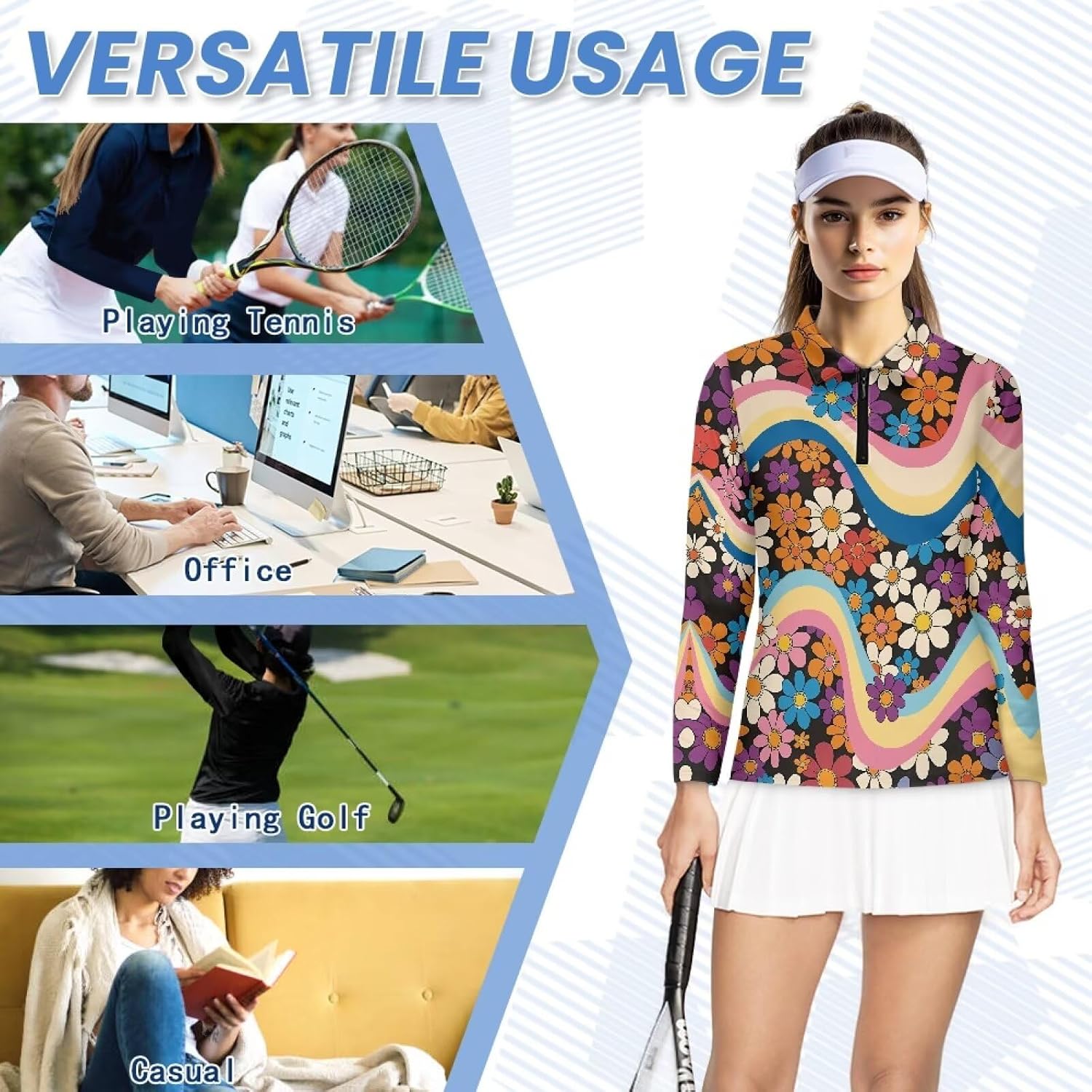 Women's Tennis Golf Shirt Long Sleeved Top Sun Protection Sport Activewear V-Neck Quick Dry Workout Athletic Shirts