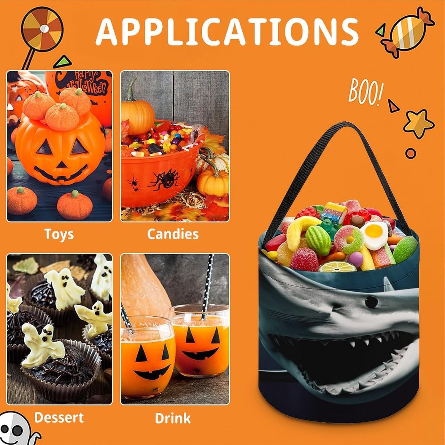 Halloween Candy Bucket Depict A Shark Trick Or Treat Bags Halloween Candy Tote Bag with Handles Reusable Candy Baskets for Halloweens Party Supplies Favors Gift Bags image 4