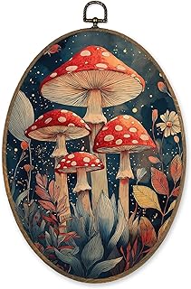 LKETW Vintage Mushroom Oval Wall Art Decor, Rustic Cottagecore Floral Oval Canvas Hanging Decor, Forest Mushroom Flower Botanical Wall Decorations for Home Living Room Bedroom, 8.6x11.4 Inch