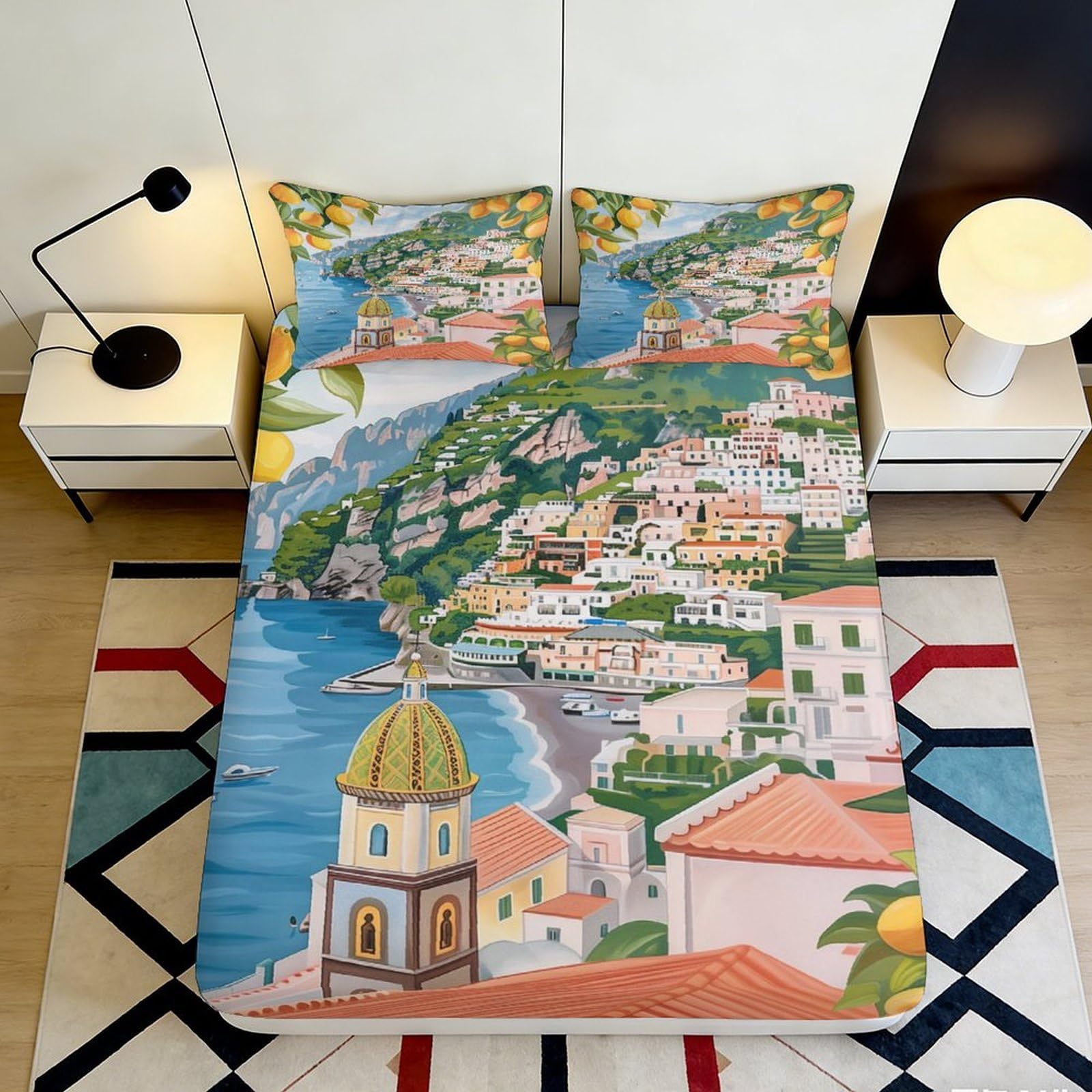 3D Printed Amalfi Coast Fitted Sheet Microfiber Scenic Italian Village Mattress Cover for Bedroom Guest Room Decor 90x200x25cm