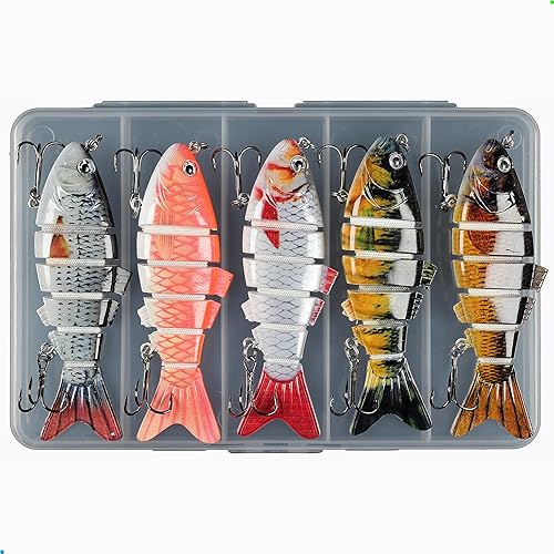 EXAURAFELIS 5 piezas de señuelos de pesca multiarticulados para lubina, trucha, perca, hundimiento lento, kit de señuelos de pesca realistas,