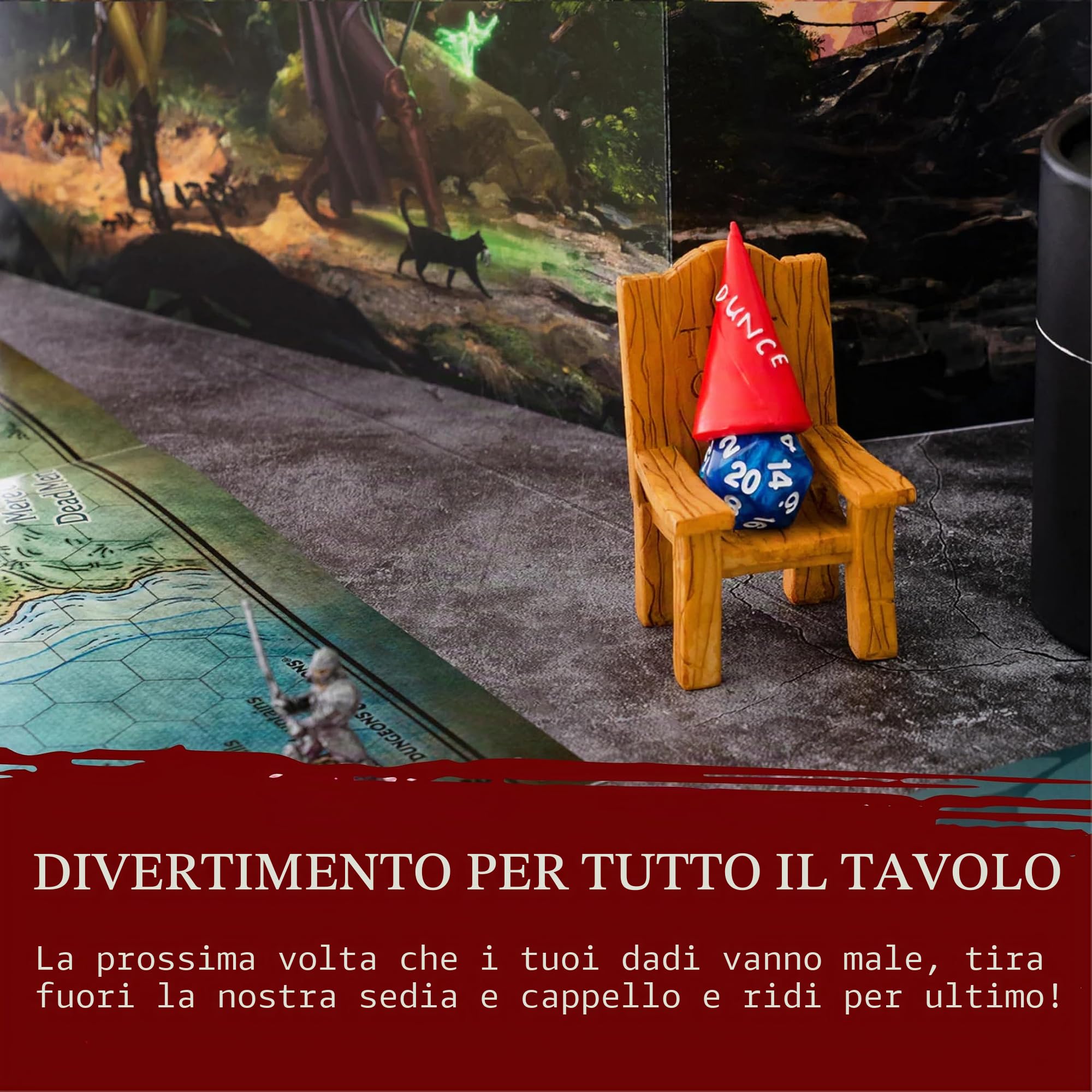 DND Dice Jail - Sedia del Castigo & Cappello da Somaro - Punisci i Dadi Cattivi con la Sedia della Vergogna - Accessori/Regalo per Dungeons and Dragons. Miniature Per Tutti i Dadi D&D D20 D10 D8 D6 D4