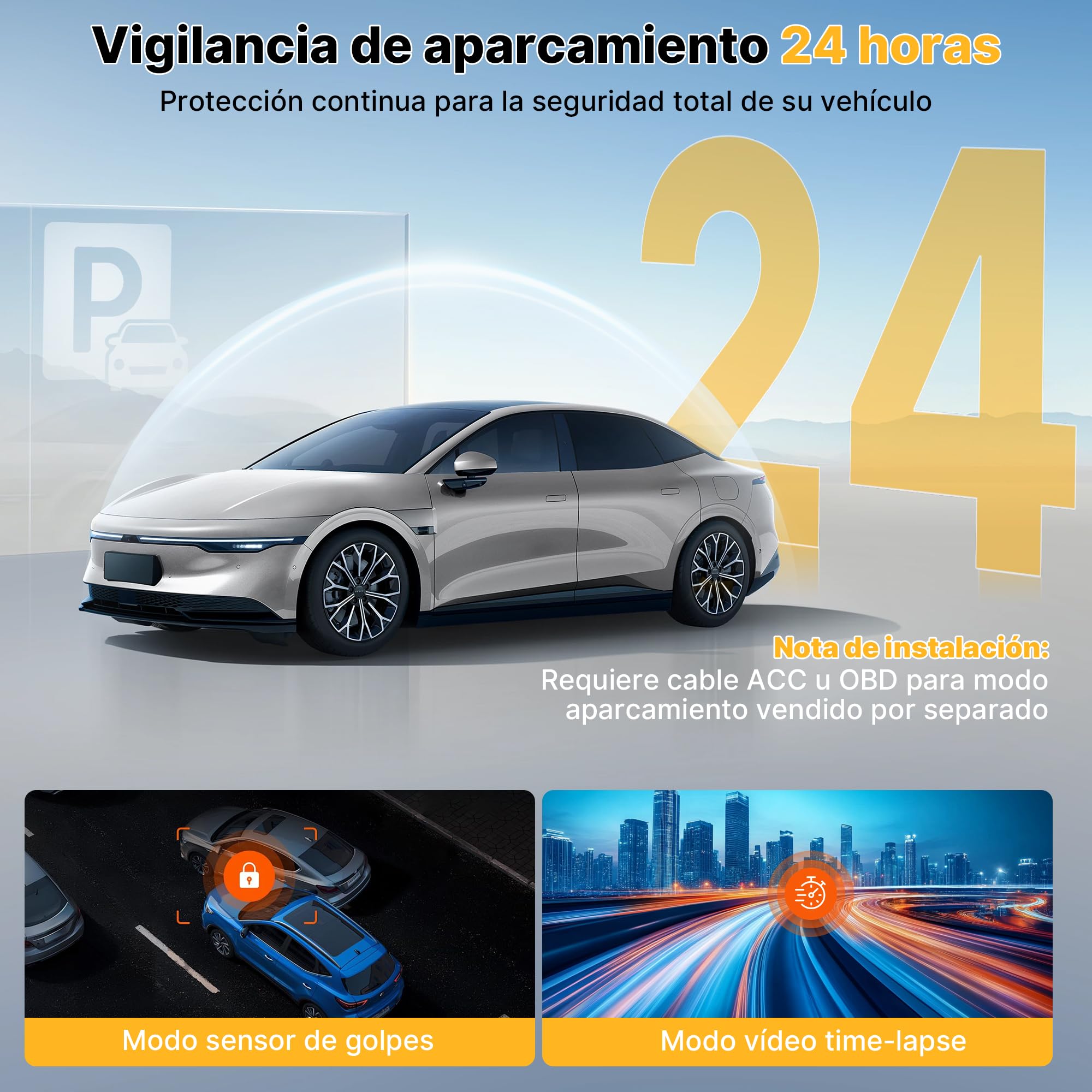 Dashcam Coche Delantera Trasera 4K+1080P, Cámara de Salpicadero 3.19 Pulgadas IPS, Tarjeta SD 64GB, Sensor G 170° Gran Angular, WiFi, Visión Nocturna, Estacionamiento 24H, Grabación en Bucle