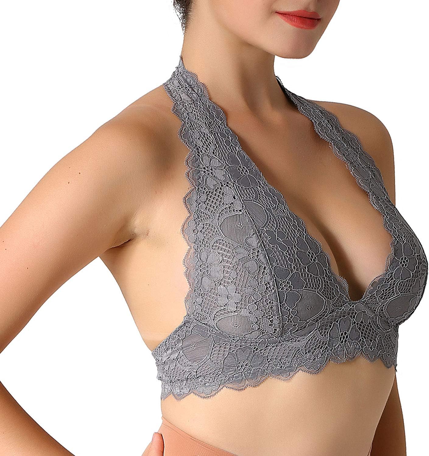 JOJOANS Halter Lace Bralette Unpadded Wireless Sheer Bra Bustier Full Coverage Lingerie - Image 3