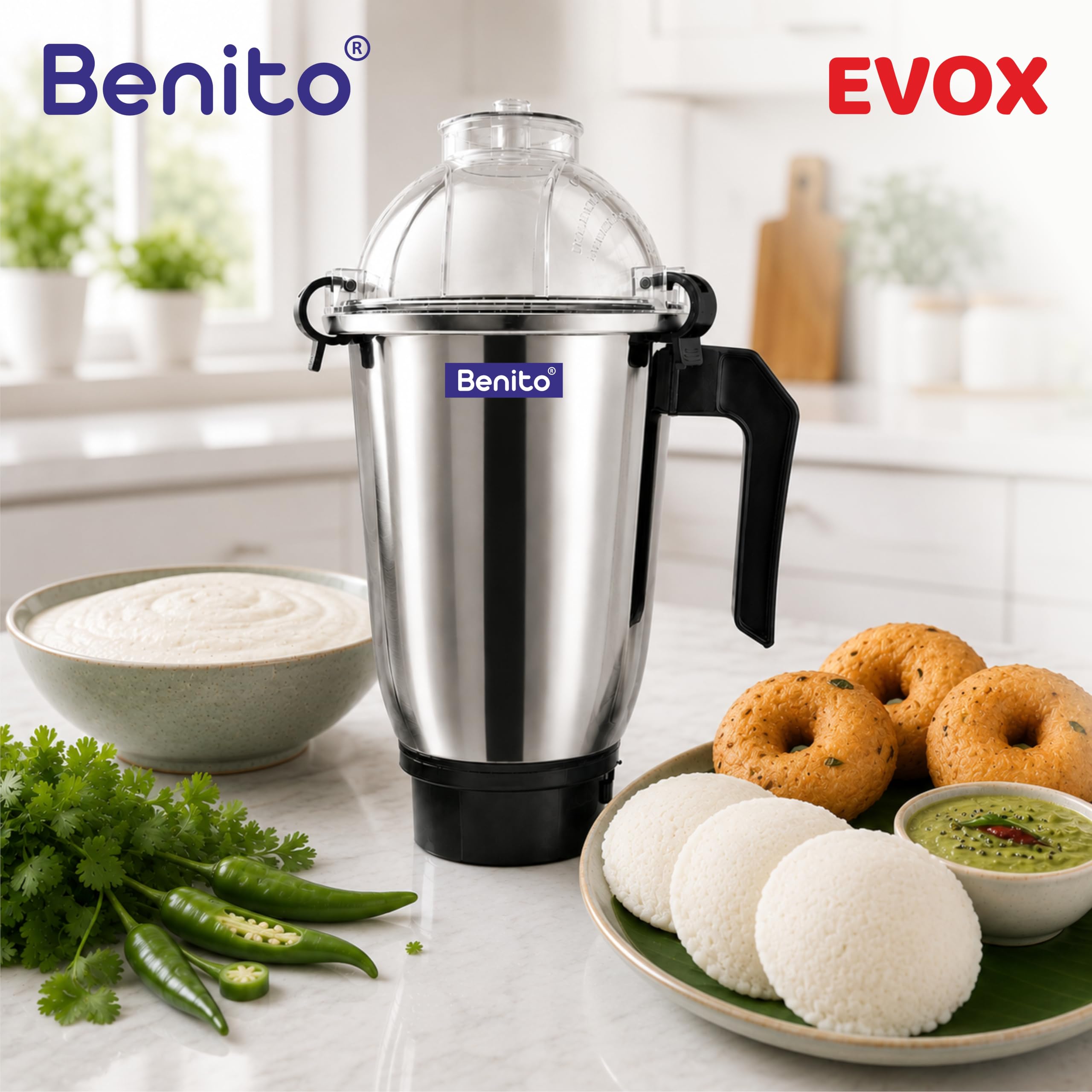 Benito Evox Stainless Steel Dry & Wet Jar (1500ml) for Mixer Grinder – Compatible with 4-Teeth Coupler & Dual Locking System — Amazon image 7