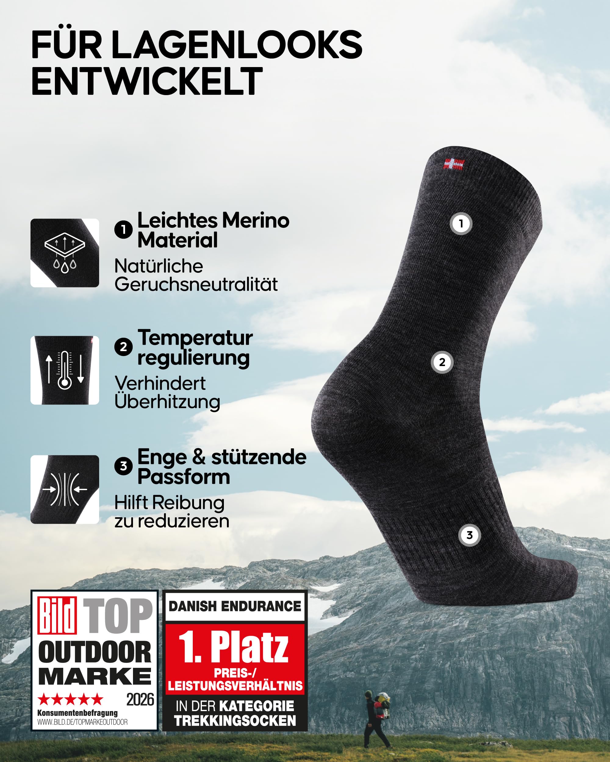 DANISH ENDURANCE Merino Liner Wandersocken, Unterziehsocken, Anti-Blasen Socken, Leicht & Enganliegend, Herren & Damen, 2 oder 4 Paar