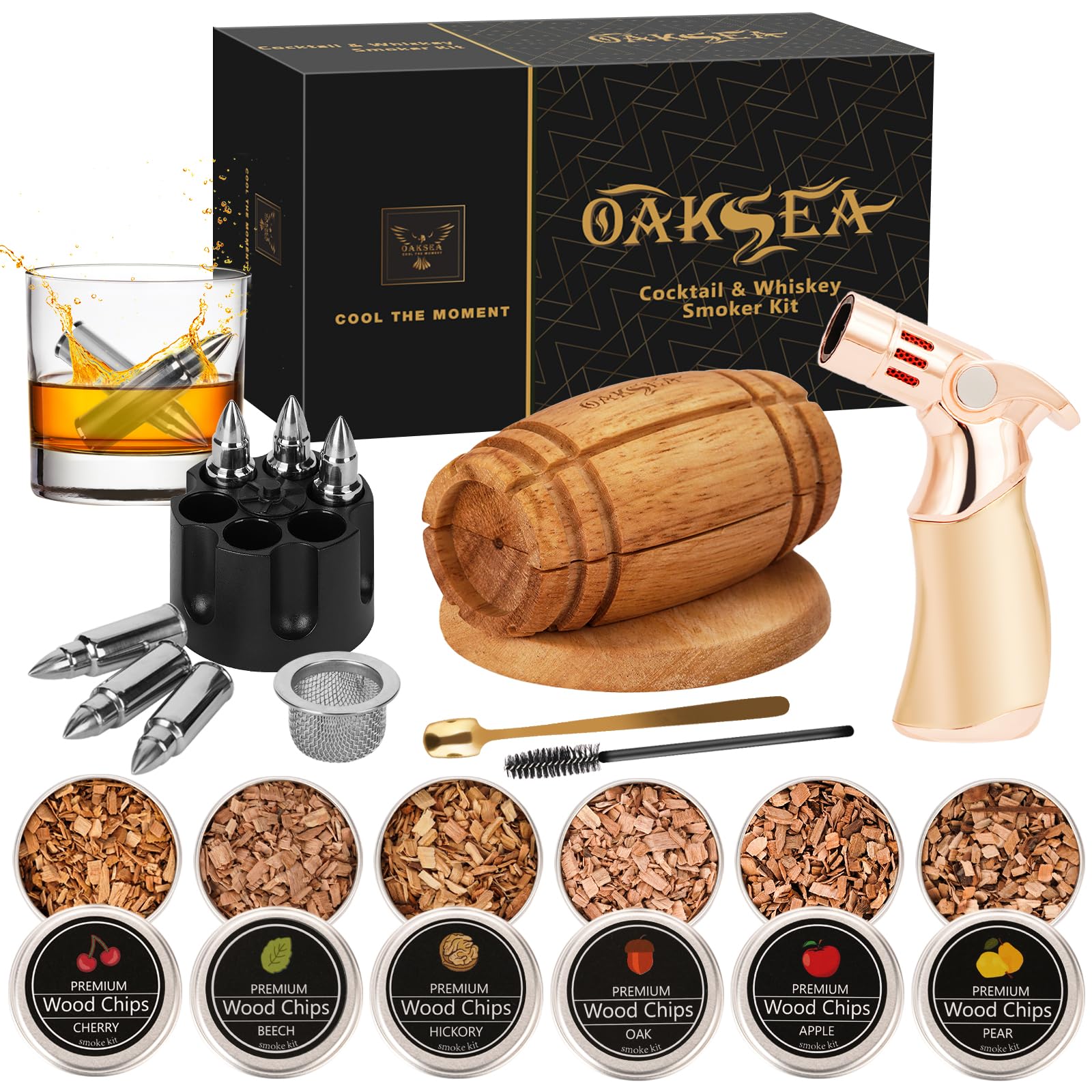 Whiskey Smoker Kit, Birthday Bourbon Smoker Gift for Men Dad Christmas, Cocktail Smoker Kit with Torch, 6 Flavors Wood Chips, Whiskey Stone, Old Fashioned Kit, Whiskey Smoker Infuser Kit(NO Butane)
