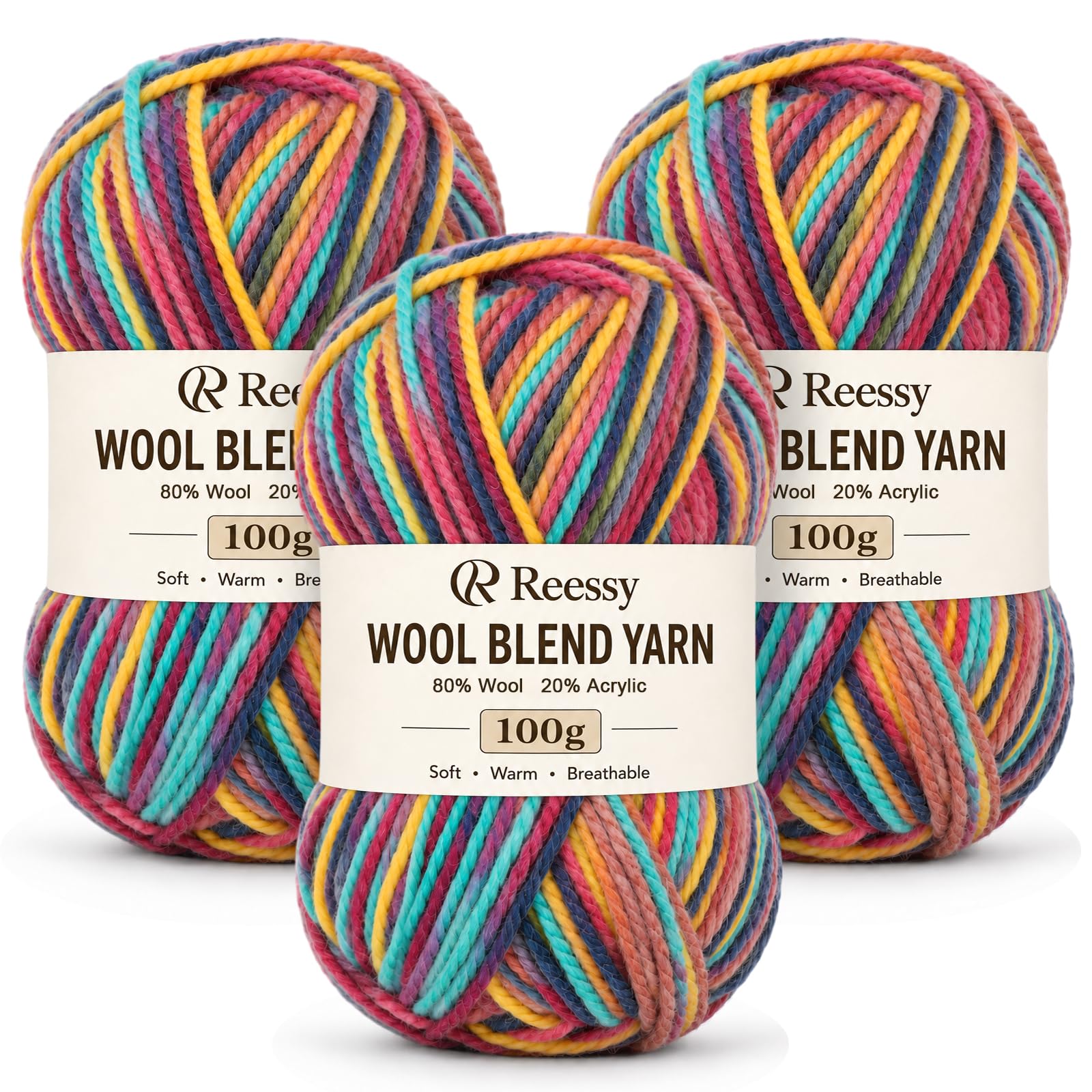 Reessy Knitting Wool, 3×100g Rainbow Gradient Chunky Wool Ombre Yarn(#05)