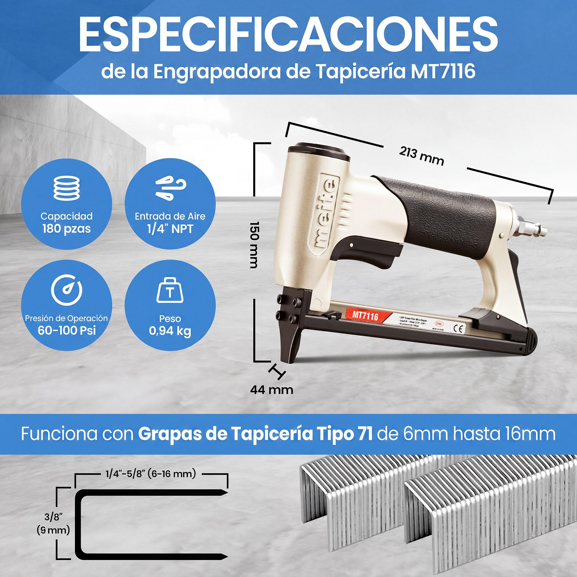 meite MT7116 Grapadora Neumática para Tapicería, Serie 71 Calibre 22, Corona 9,1 mm, Compatible con Grapas de 6 a 16 mm