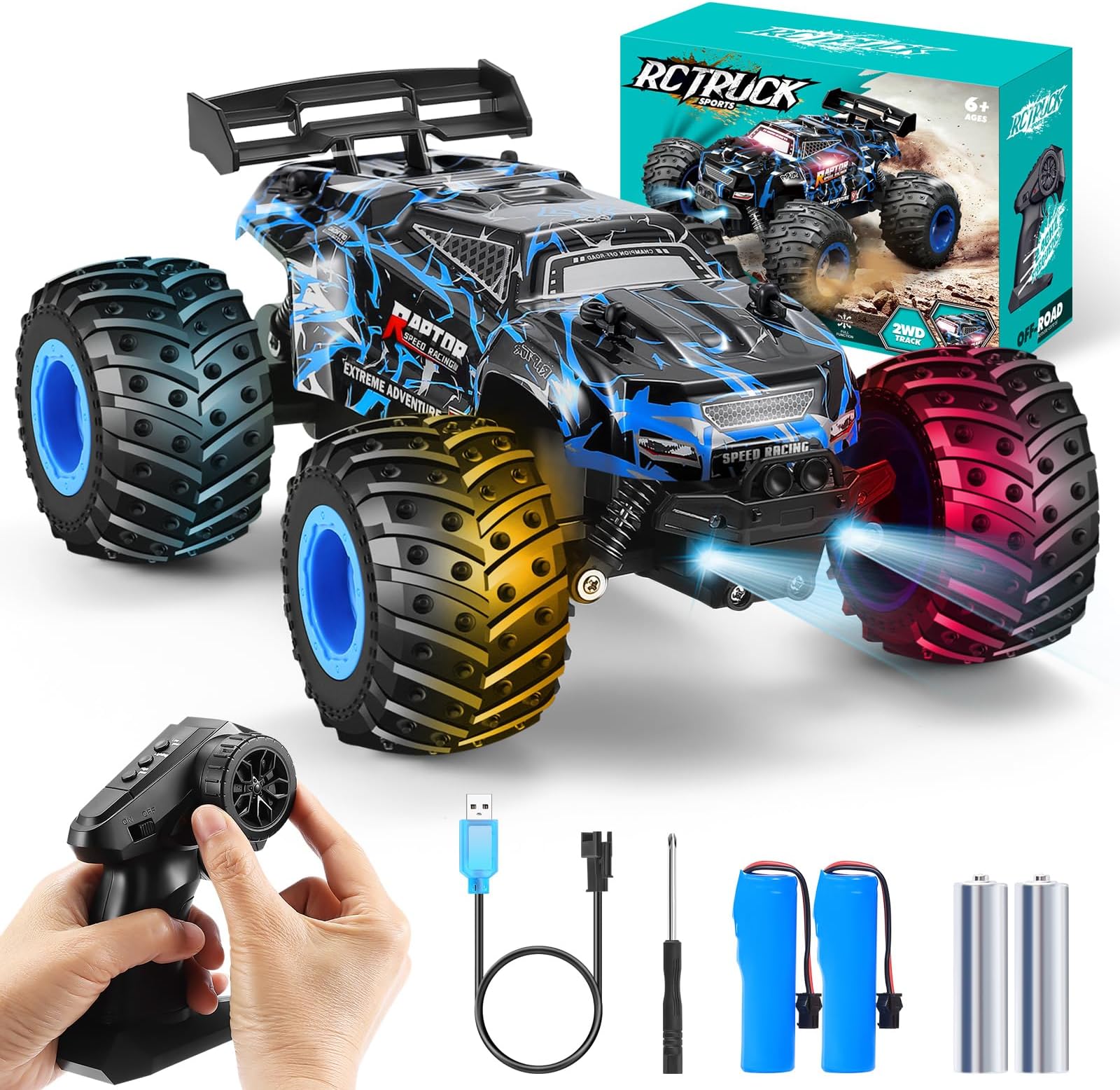 Remote Control Car, 1:18 Rc Cars, All-Terrain RC Truck with LED Light, 20KM/H, Rechargeable, 2WD, 2.4GHz, Sturdy PVC Shell, Remote Control Truck for Boys 4-7 8-12, Beginner