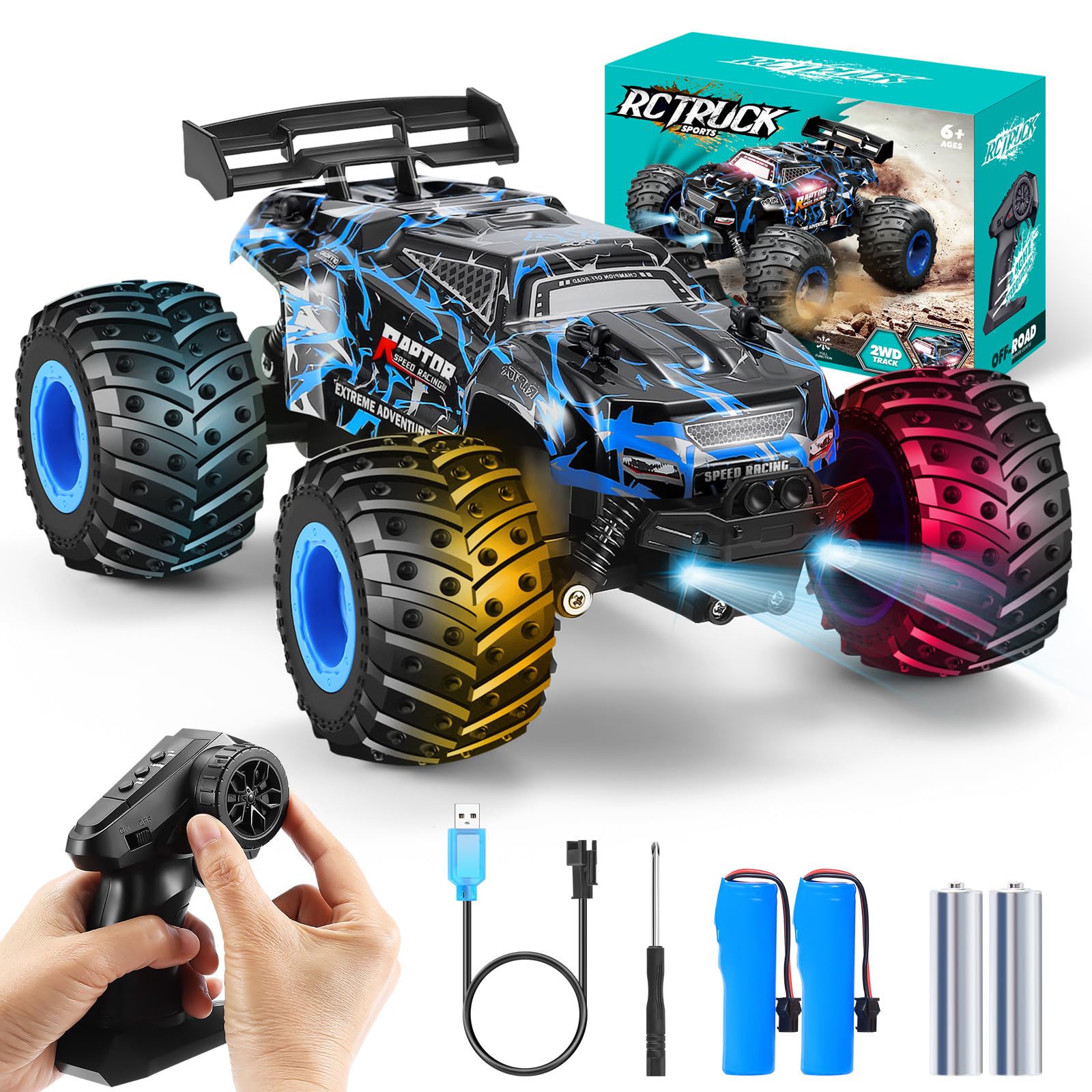 Remote Control Car, 1:18 Scale Rc Cars, All-Terrain RC Truck with LED Light, 20KM/H, Rechargeable, 2WD, 2.4GHz, Sturdy PVC Shell, Remote Control Truck for Boys 4-7 8-12, Beginner