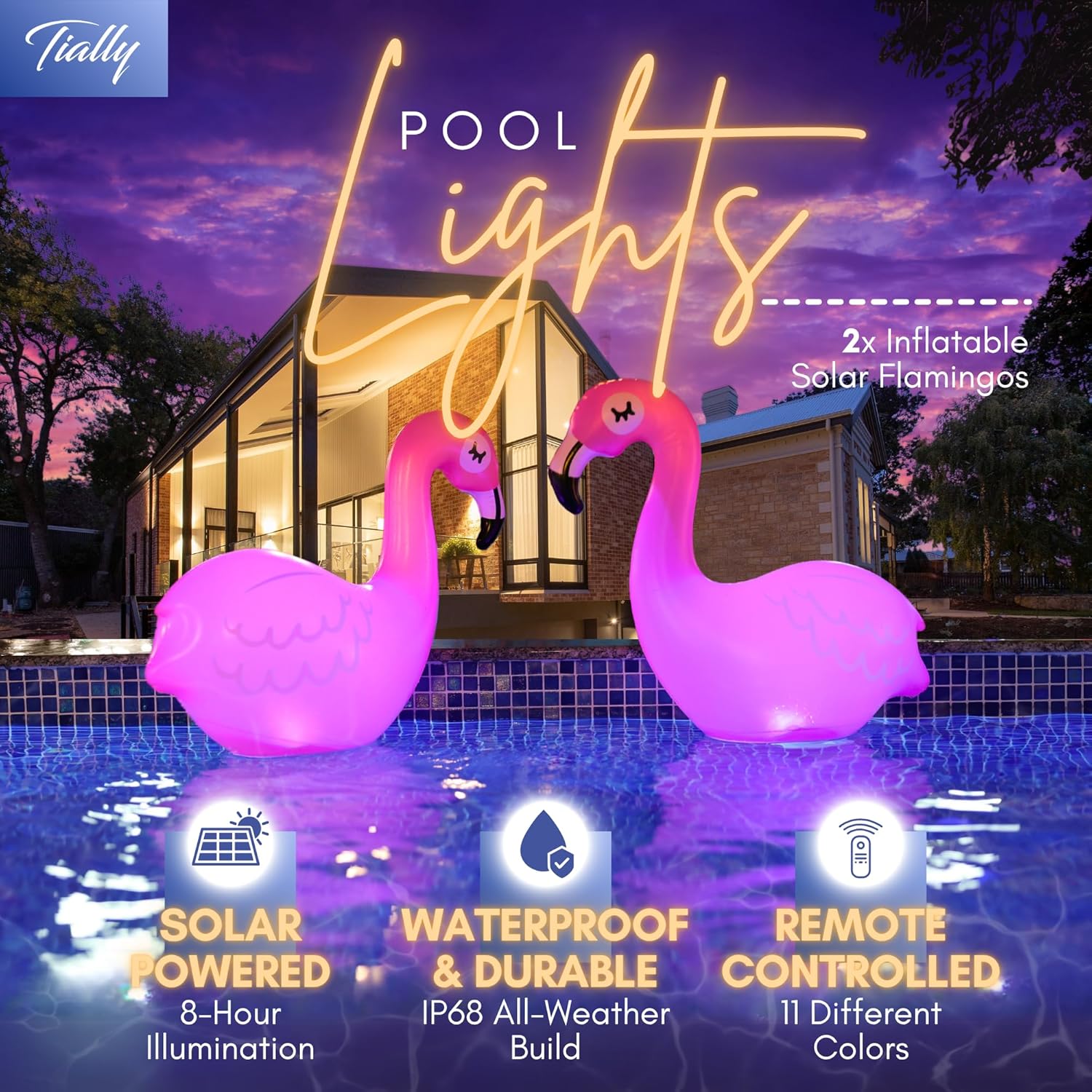 TIALLY Floating Pool Lights Solar Powered - Inflatable Solar Pool Lights, IP68 Waterproof Decor Float, Flamingo and Swans Decorations for Outdoor Use, for Women, Men, Adults
